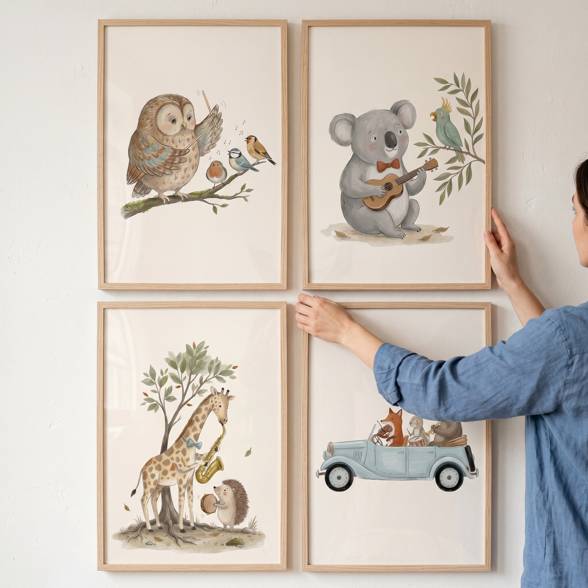 Boho Neutral Musical Animals Wall Art Set Of 4 - Woodland Melodies Collection