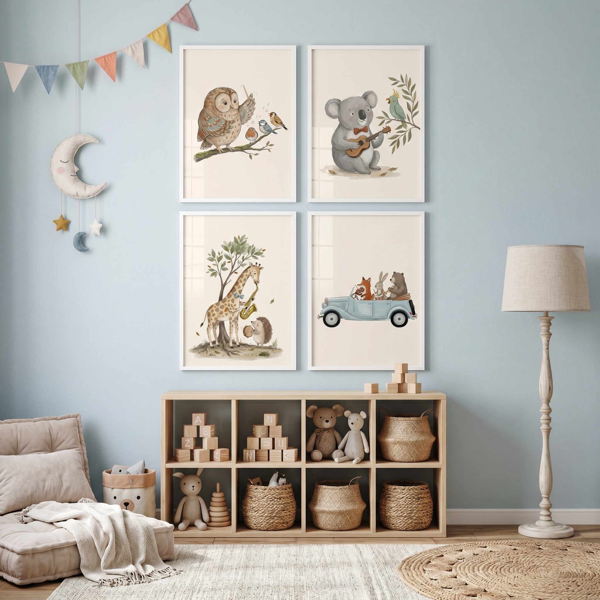 Boho Neutral Musical Animals Wall Art Set Of 4 - Woodland Melodies Collection