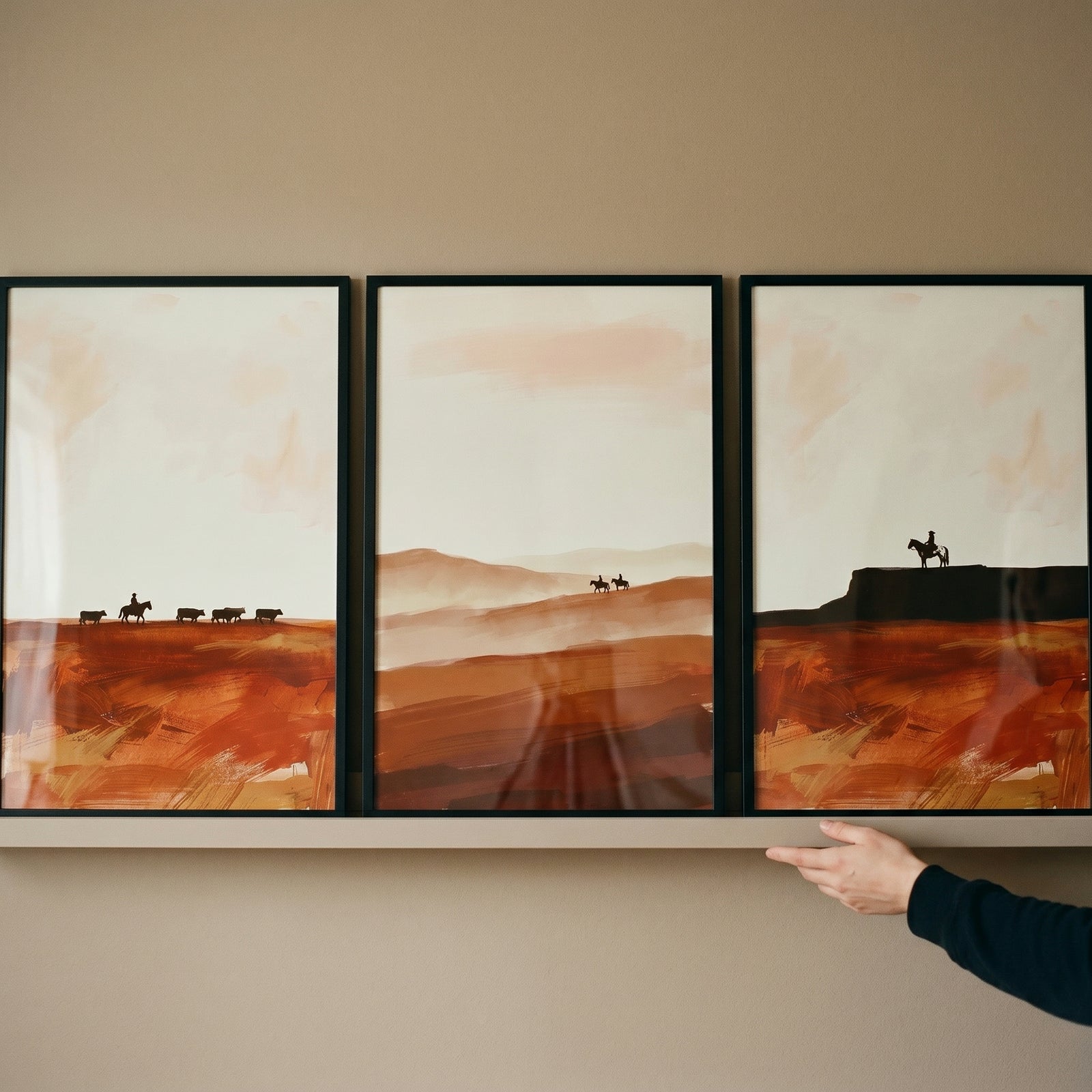 A hand adjusts a boho terracotta desert cowboy wall art set of 3 featuring silhouettes of riders in a vast landscape.
