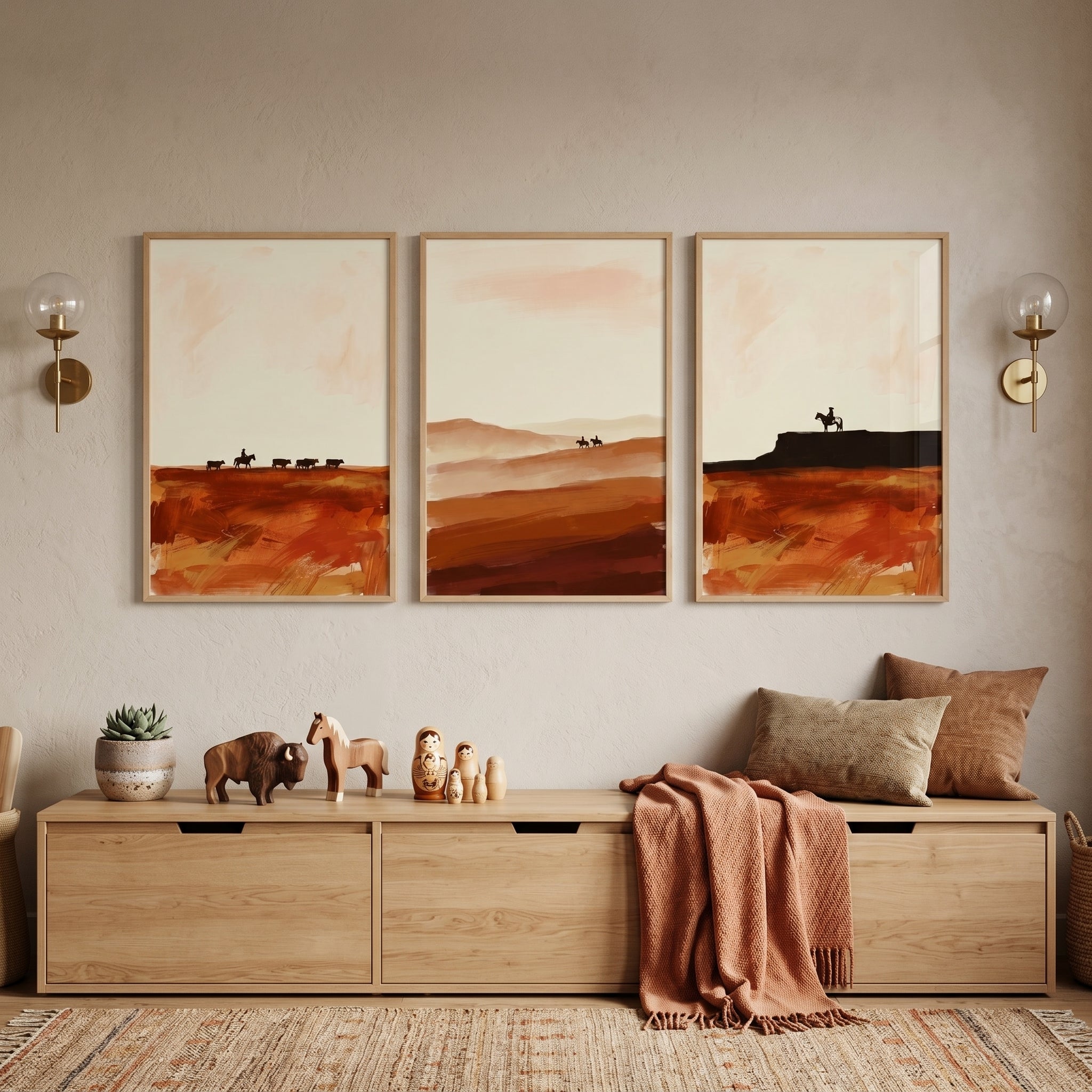 Boho Terracotta Desert Cowboy Wall Art Set of 3 - Desert Mesa Riders