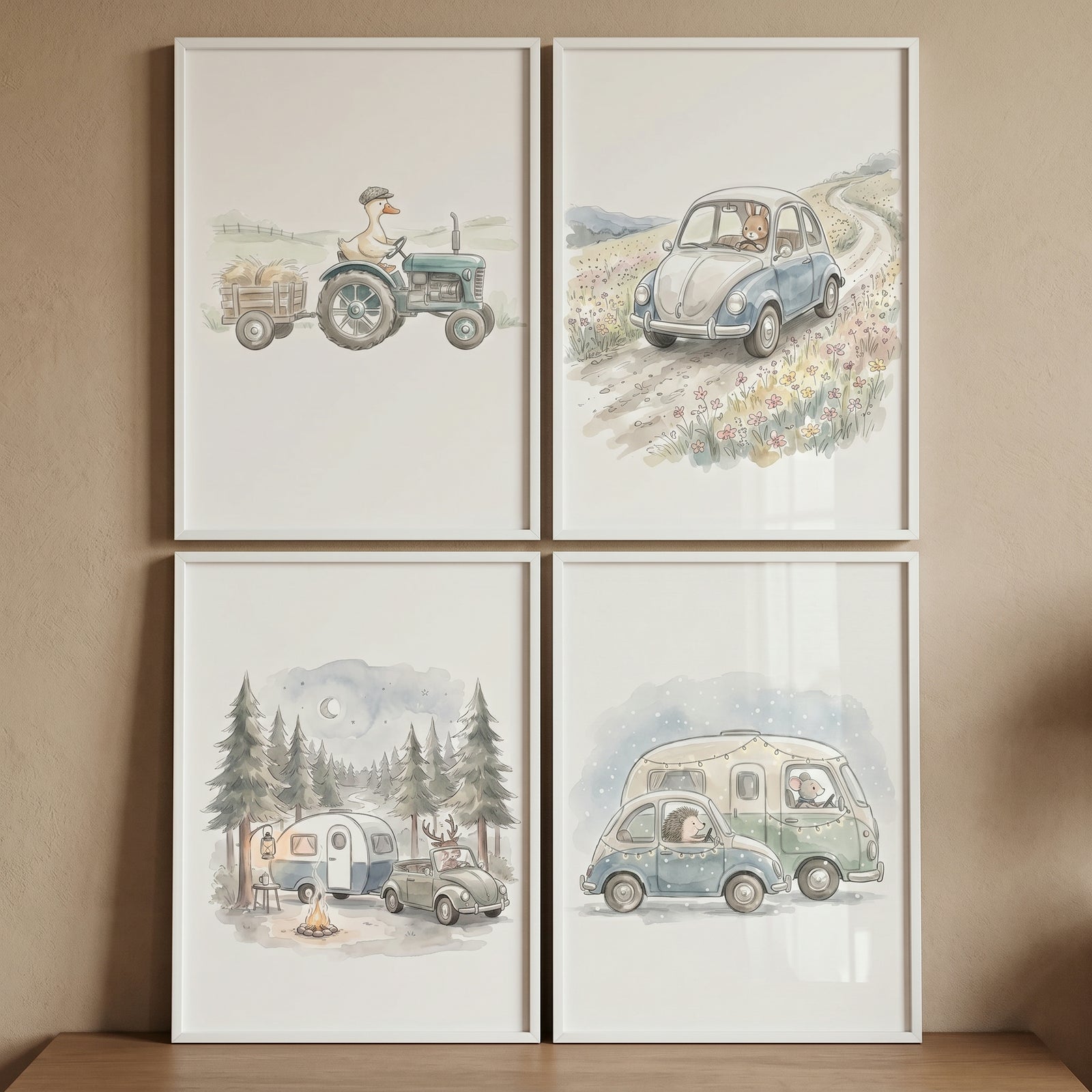 Boho watercolor driving animals wall art set of 4 with a duck on a tractor, rabbit in a car, and woodland camping scenes.