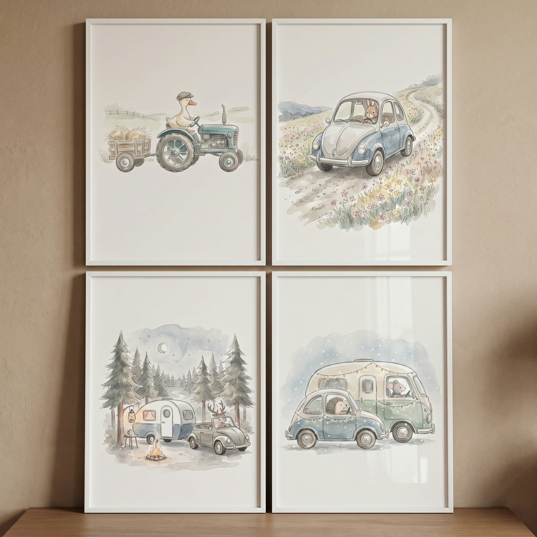 Boho Watercolor Driving Animals Wall Art Set of 4 - Woodland Road Trip