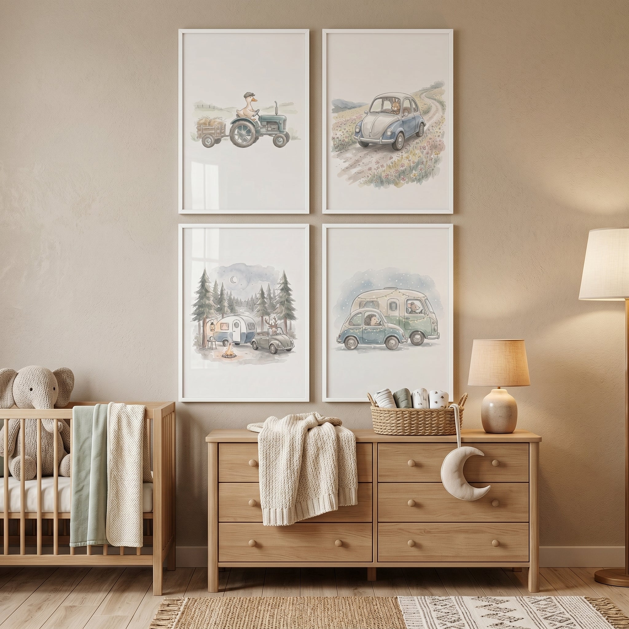 Boho Watercolor Driving Animals Wall Art Set of 4 - Woodland Road Trip