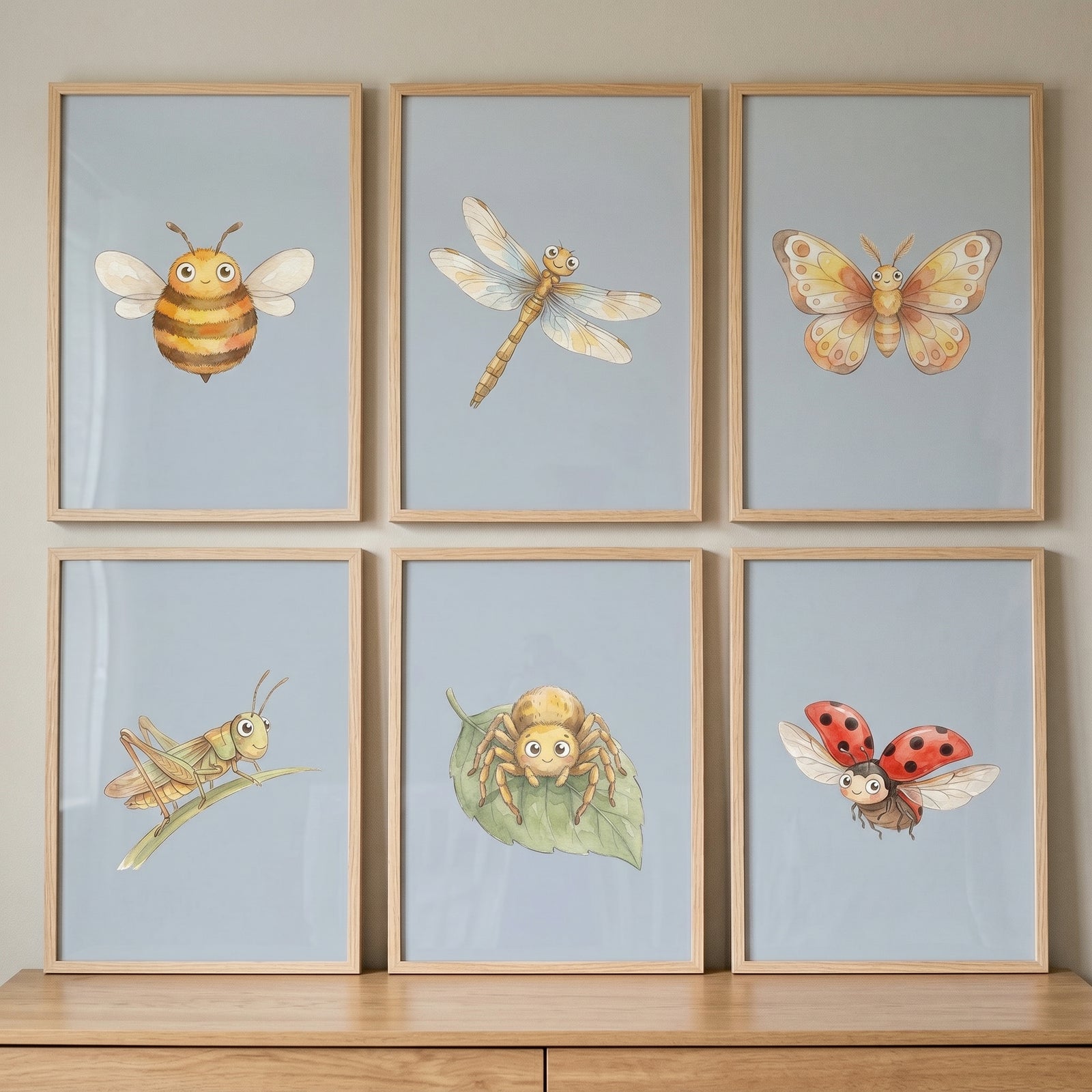 Boho watercolor garden insect wall art set of 6 featuring a bee, dragonfly, butterfly, grasshopper, spider, and ladybug.