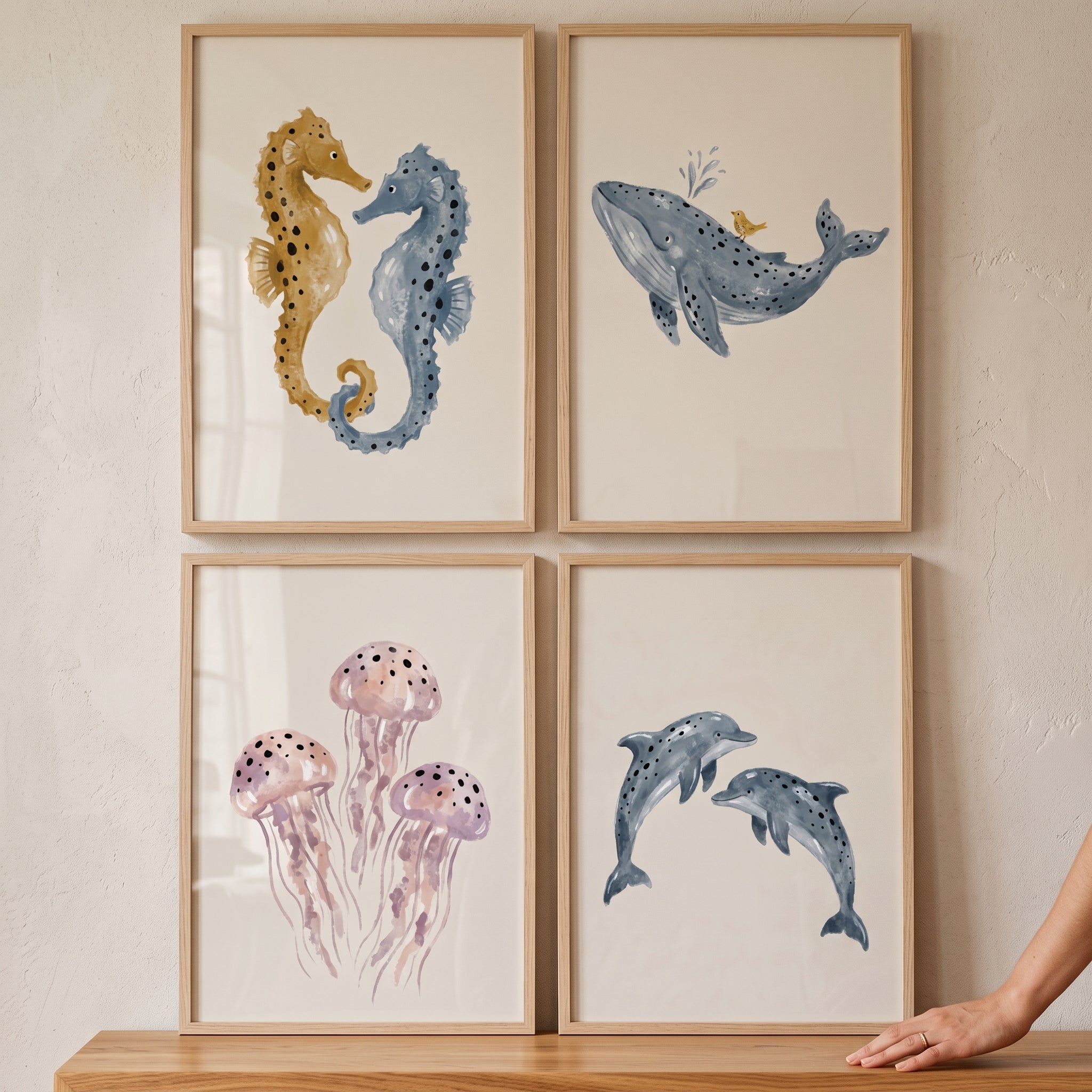 Boho Watercolor Sea Animal Wall Art Set of 4 - Gentle Ocean Dreams