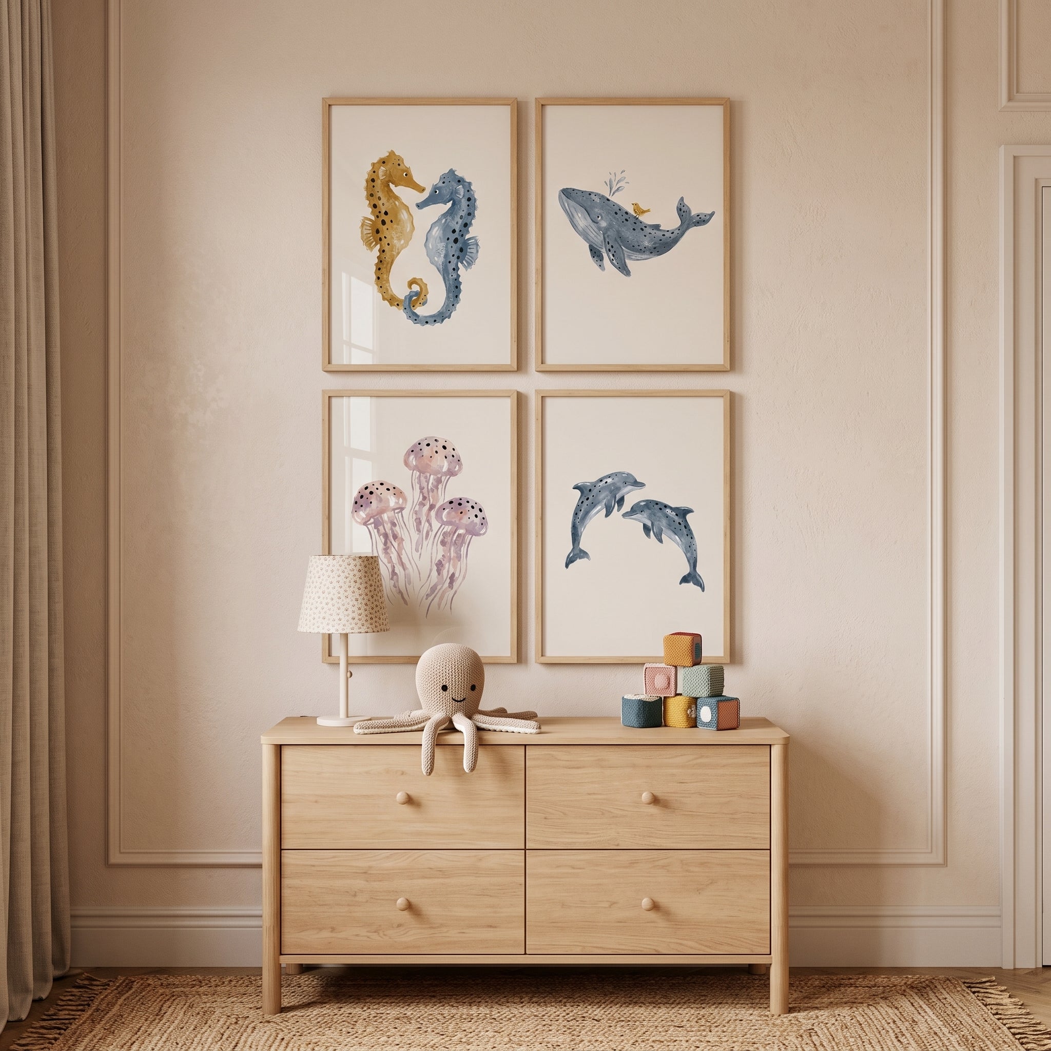 Boho Watercolor Sea Animal Wall Art Set of 4 - Gentle Ocean Dreams