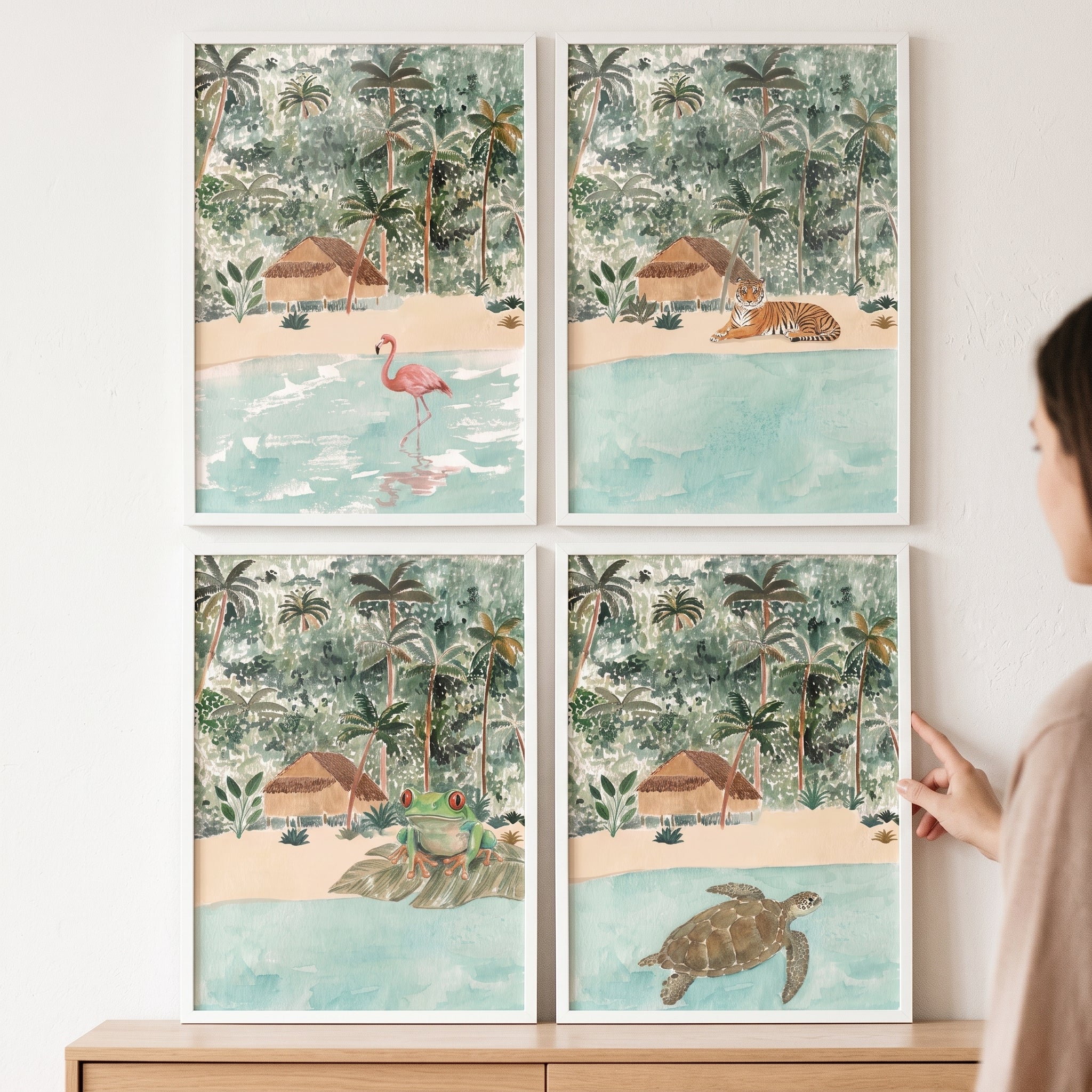Boho Watercolor Tropical Animals Wall Art Set of 4 - Tropical Animal Oasis