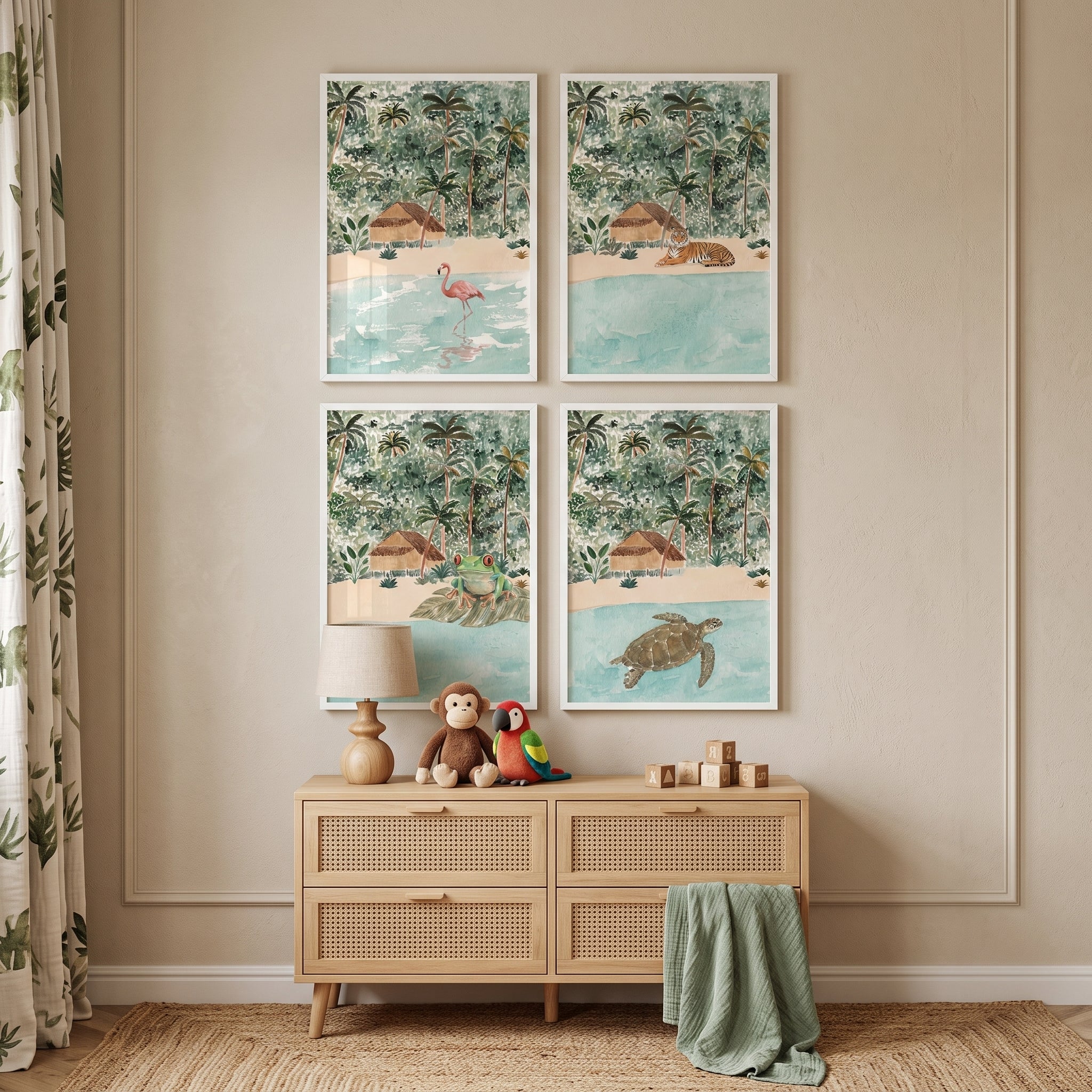 Boho Watercolor Tropical Animals Wall Art Set of 4 - Tropical Animal Oasis
