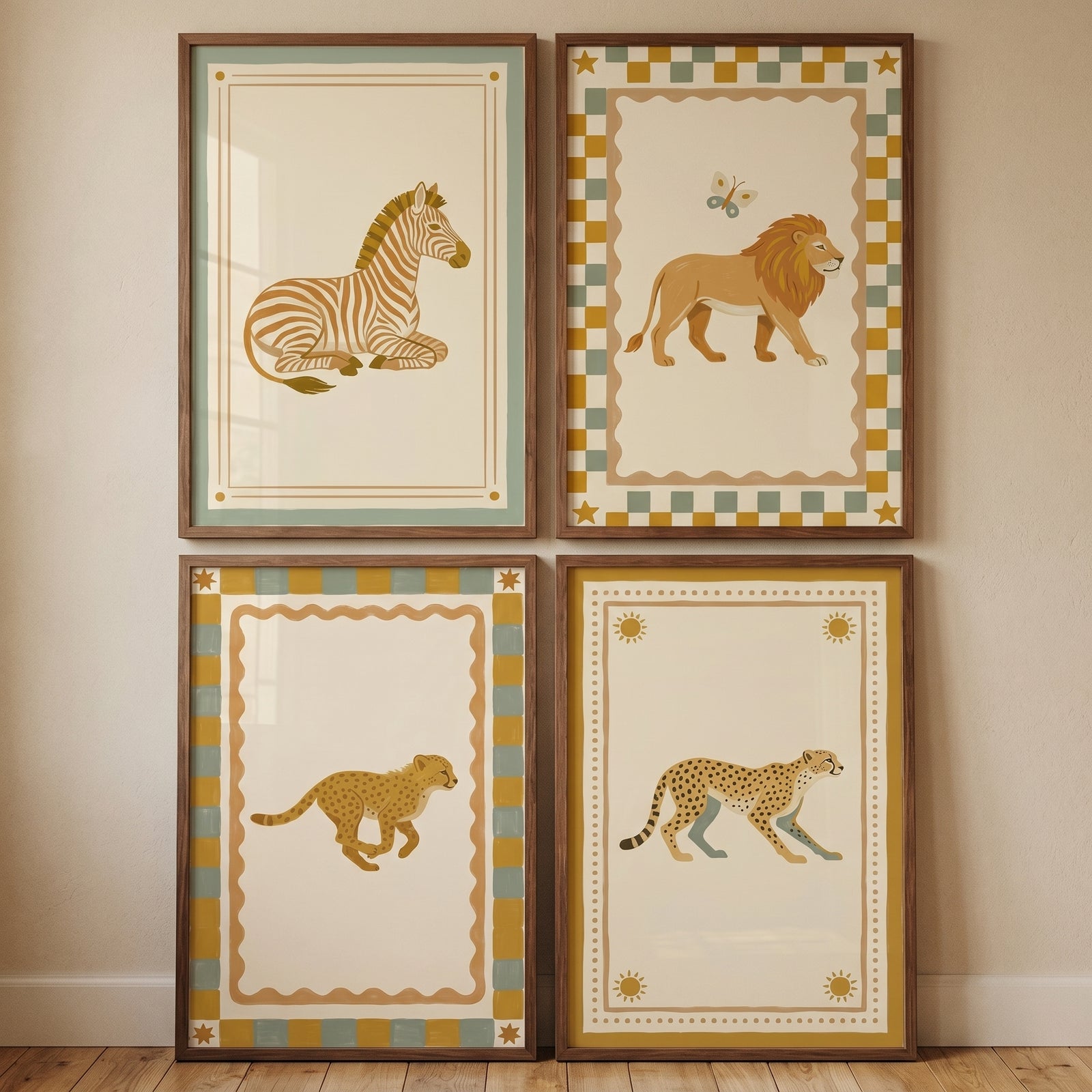 Boho whimsical safari animal wall art set of 4 featuring earthy-toned illustrations of a zebra, lion, and cheetahs.