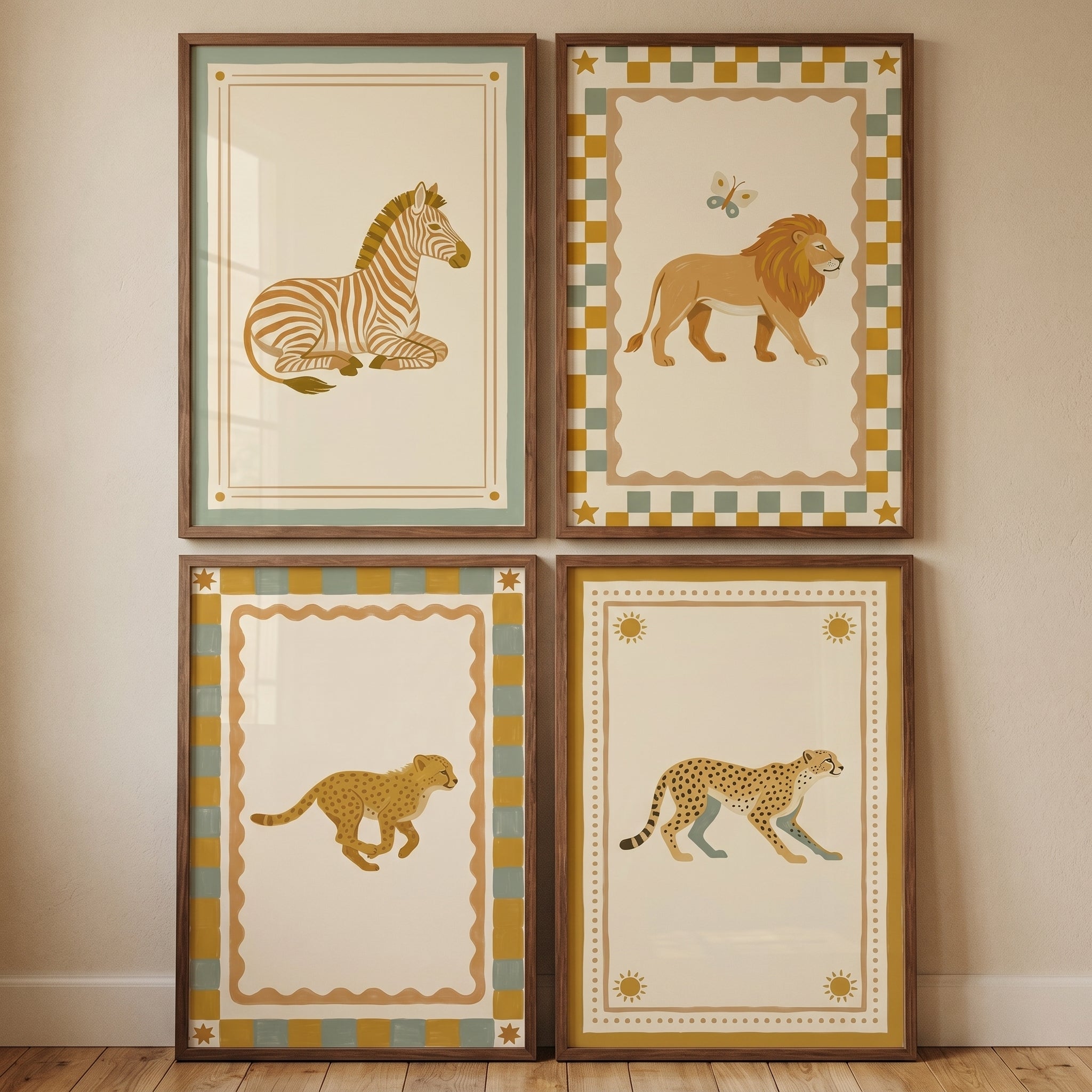 Boho Whimsical Safari Animal Wall Art Set of 4 - Safari Story Frames
