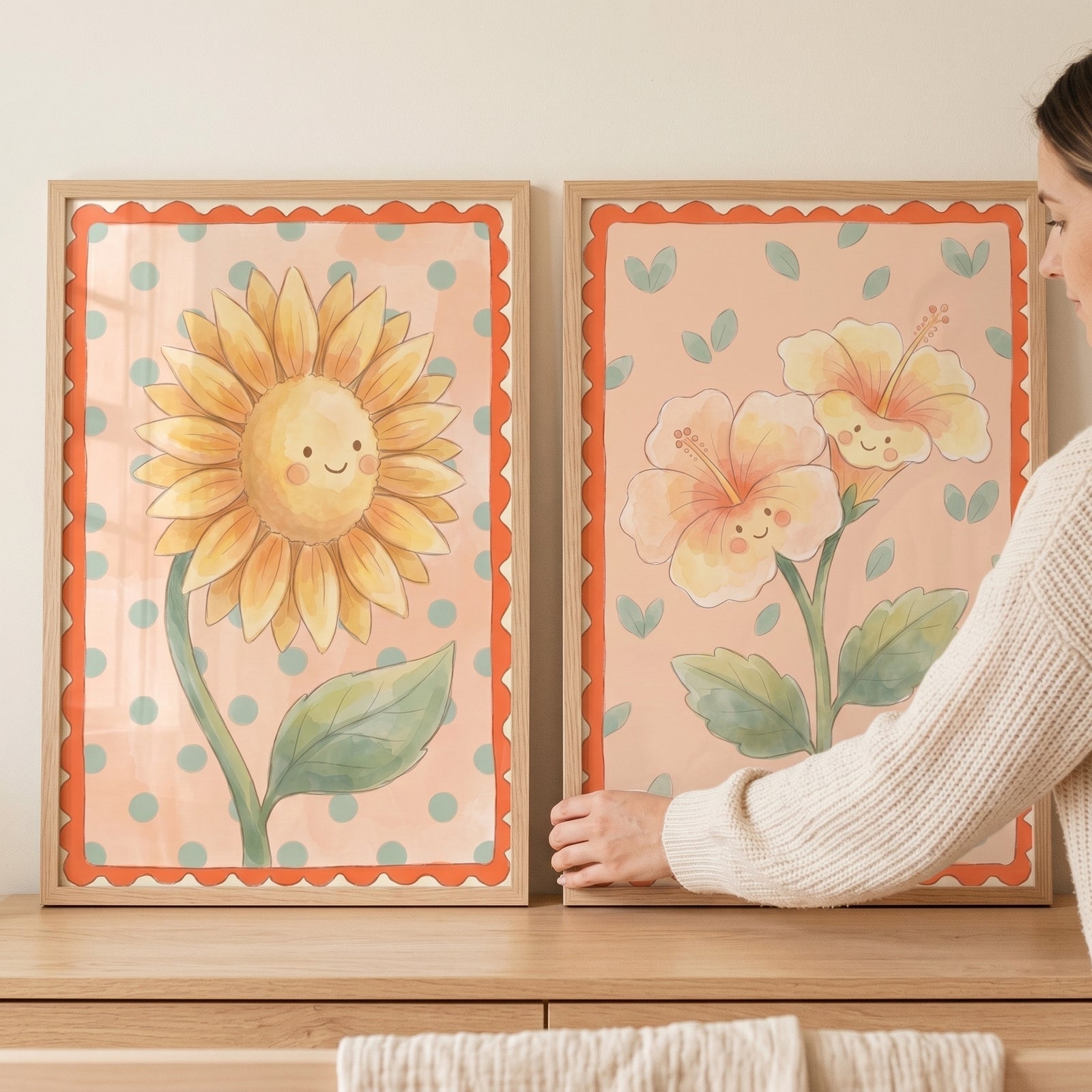 boho whimsical smiling flower wall art set of 2 displays a sunflower and hibiscus with happy faces in wooden frames.