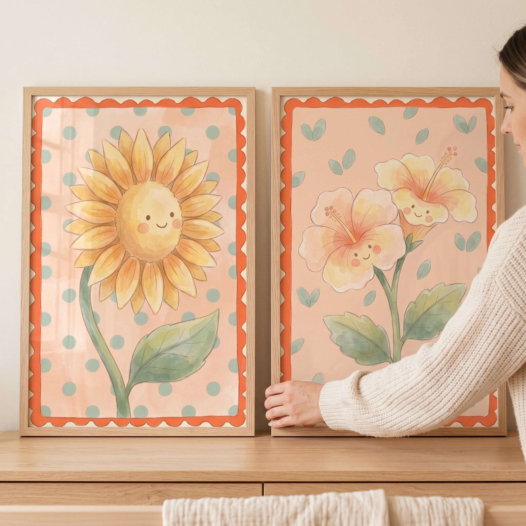 Boho Whimsical Smiling Flower Wall Art Set of 2 - Sweet Petal Smiles