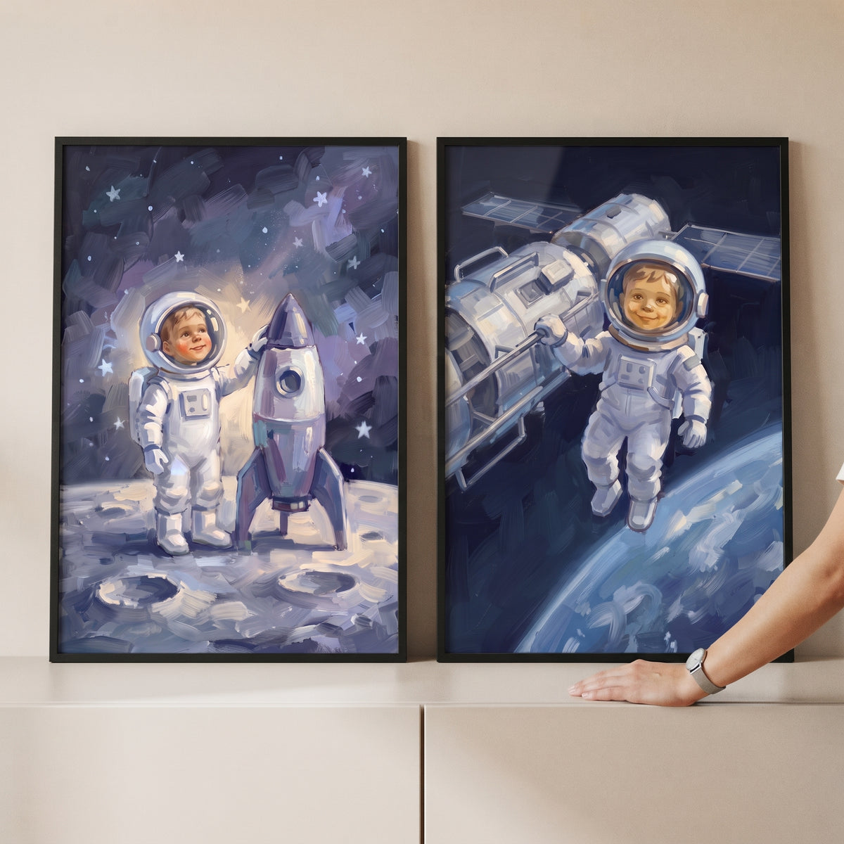 Bold brushstroke child astronaut wall art set of 2 shows a young explorer on the moon and drifting past a satellite.