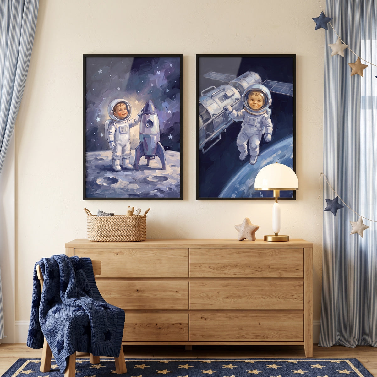Bold Brushstroke Child Astronaut Wall Art Set of 2 - Young Galaxy Traveler