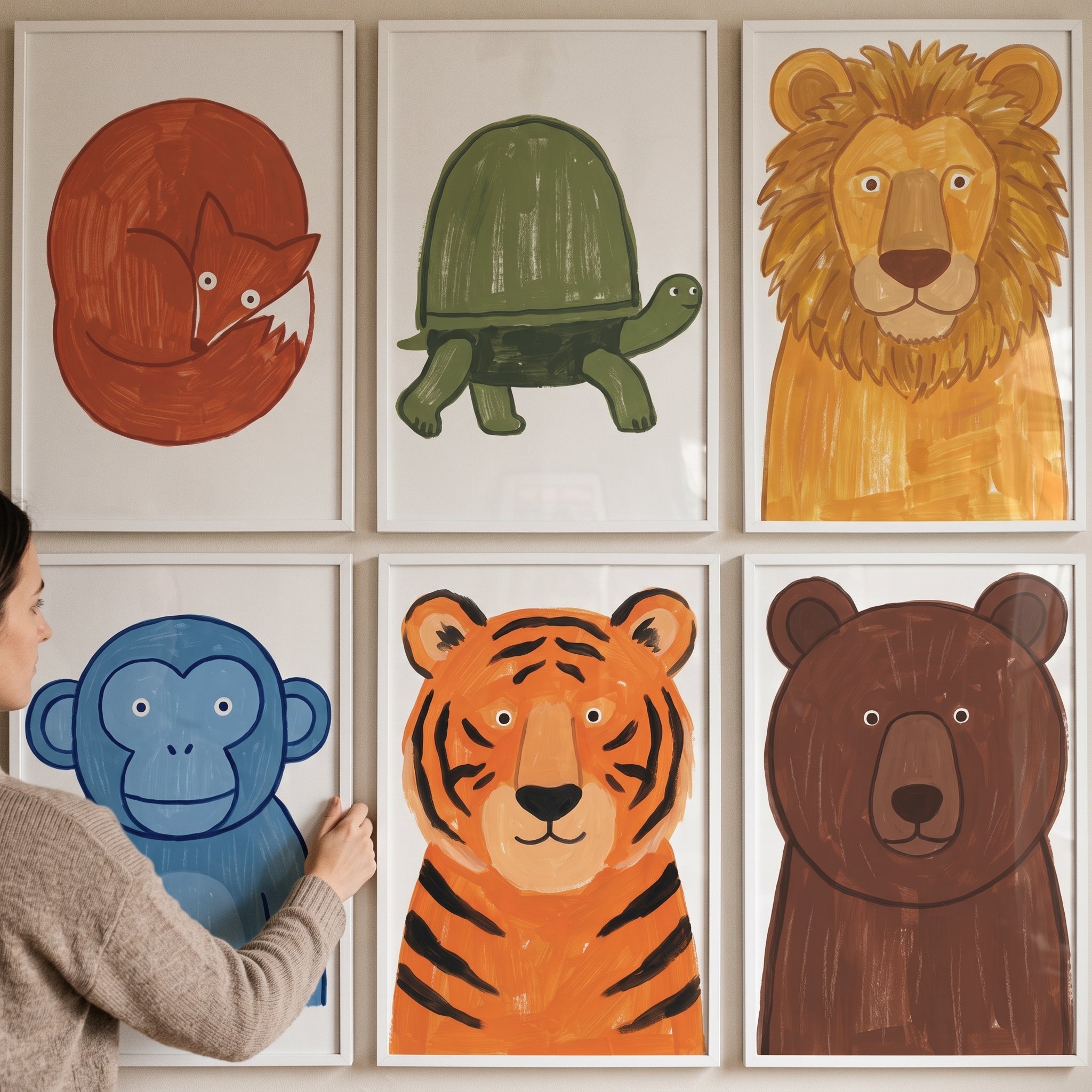 Bold Texture Safari Animals Wall Art Set Of 6 - Whimsical Animal Friends