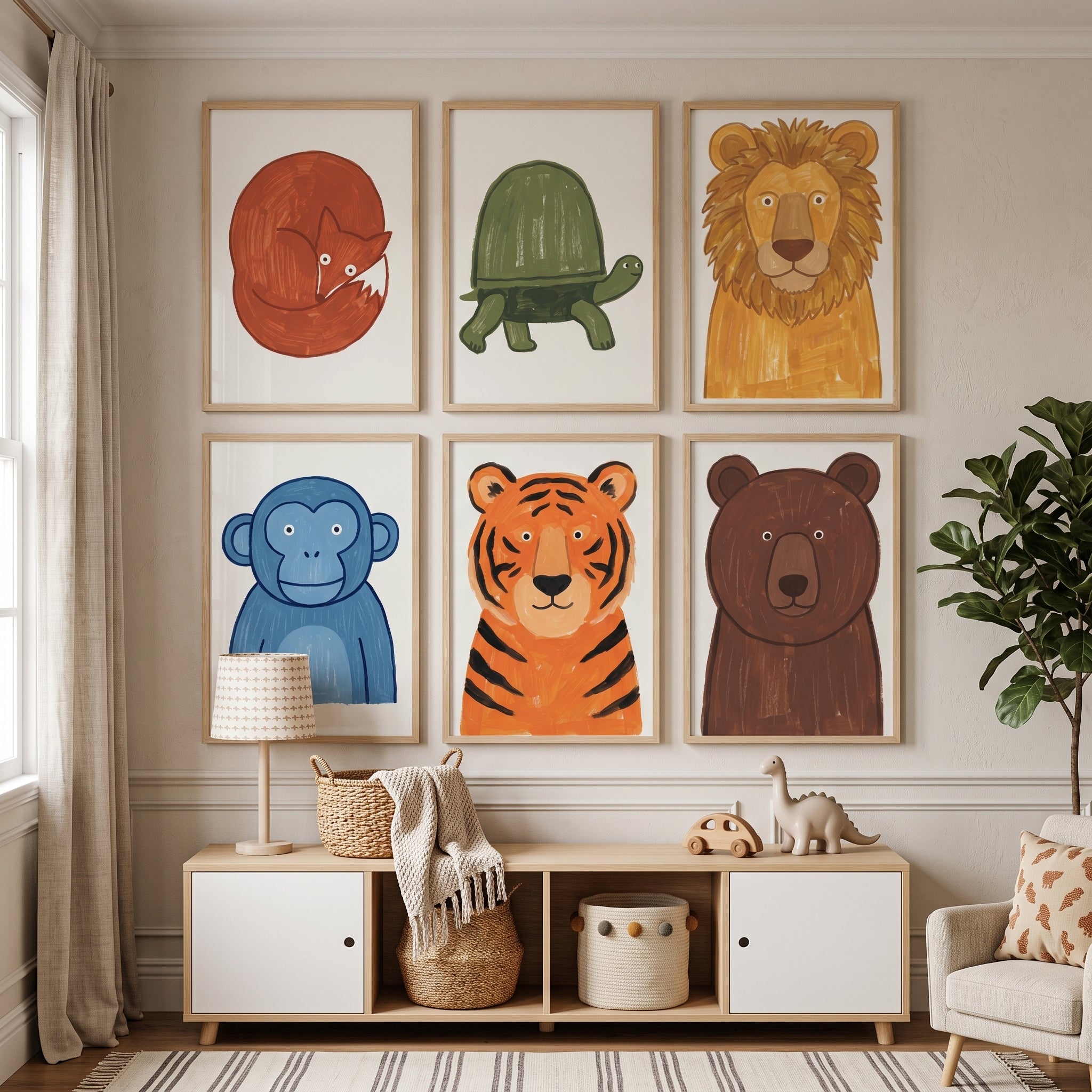 Bold Texture Safari Animals Wall Art Set Of 6 - Whimsical Animal Friends