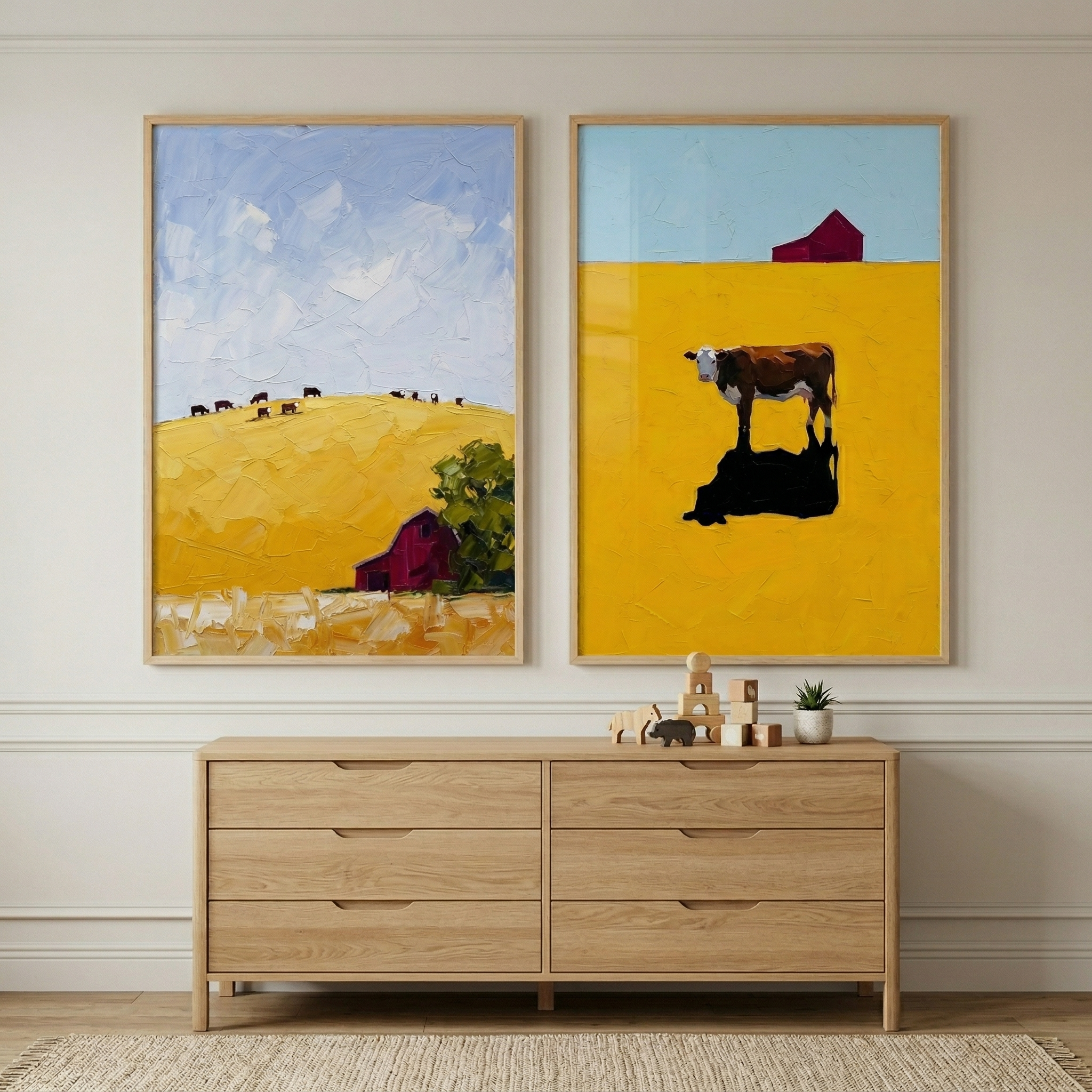 Bold Yellow Cow Artwork Set Of 2 - Golden Hill Herd