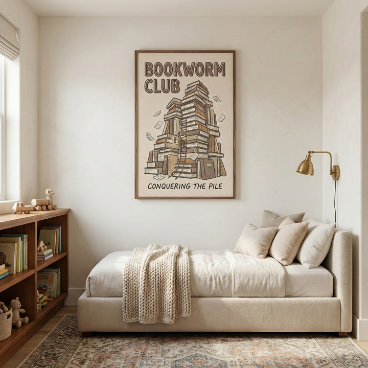Framed artwork of a whimsical book tower with “Bookworm Club” written above and “Conquering the Pile” below, hung above a cozy bed in a softly lit reading nook or library-style bedroom.