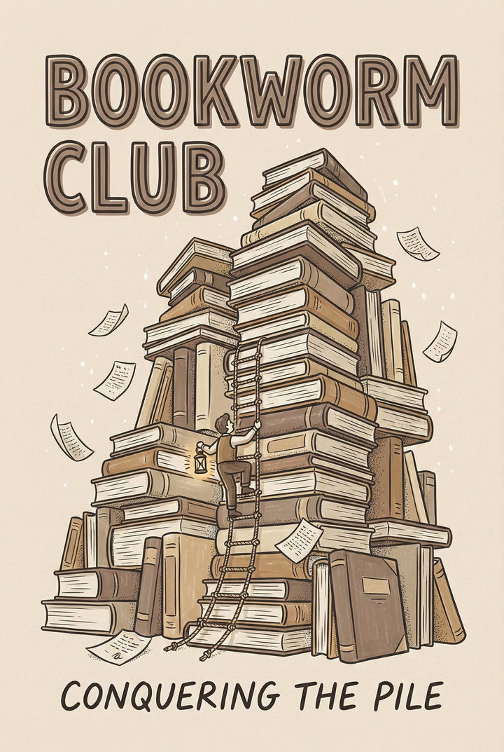 Illustrated poster for the "Bookworm Club" featuring towering stacks of oversized books with a person climbing a rope ladder, holding a lantern. Loose pages float around as the tagline "Conquering the Pile" playfully emphasizes the adventure of tackling a large reading list.
