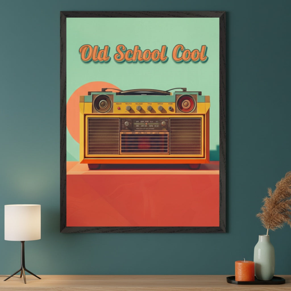 Modern living room with a dark teal wall and a wooden table. A white lamp, vase with dried plants, and a candle are on the table. A large framed graphic print of a retro boombox with text "Old School Cool" hangs centrally above the table.