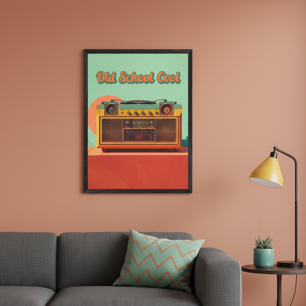 Living room with a gray sofa and a small side table. A framed poster of a retro boombox illustration with "Old School Cool" text in a graphic style hangs above the sofa. A yellow lamp and a succulent are on the table.