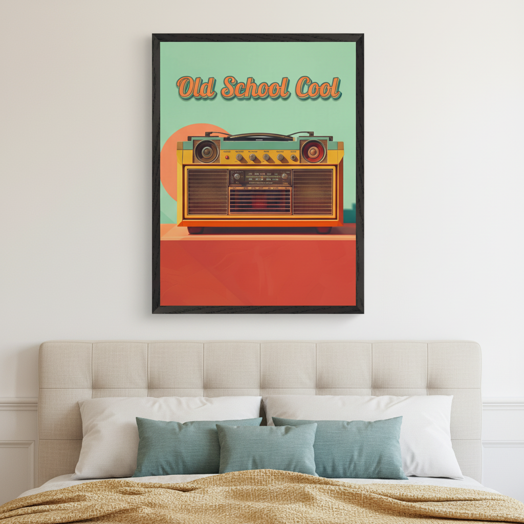 Bedroom with a beige padded headboard bed. A framed graphic print of a yellow and orange retro boombox with "Old School Cool" text, against a teal and orange background, hangs centered above the bed.