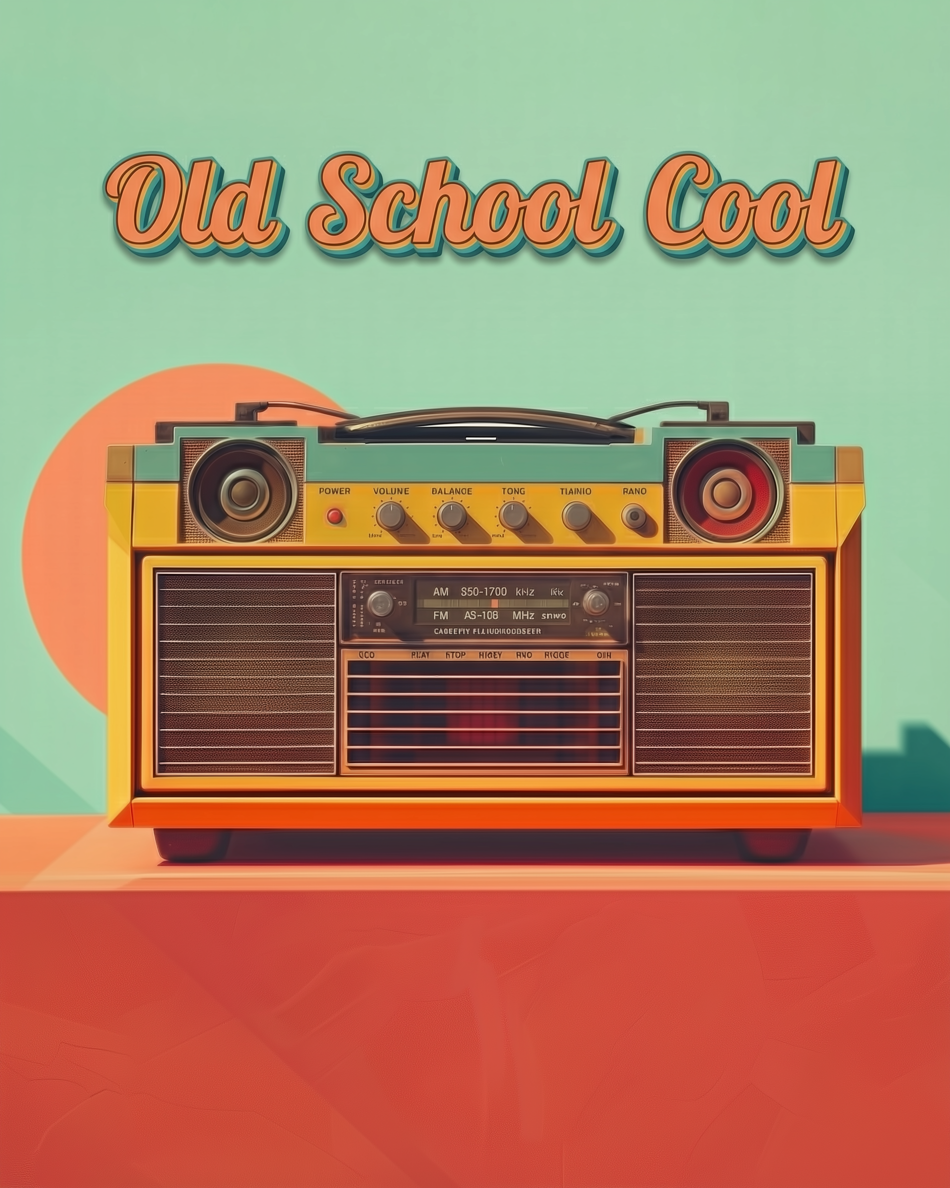 A brightly colored vintage radio sits on an orange surface with the phrase “Old School Cool” in bold retro lettering above it. The playful color palette and nostalgic design celebrate classic music vibes with a modern twist.
