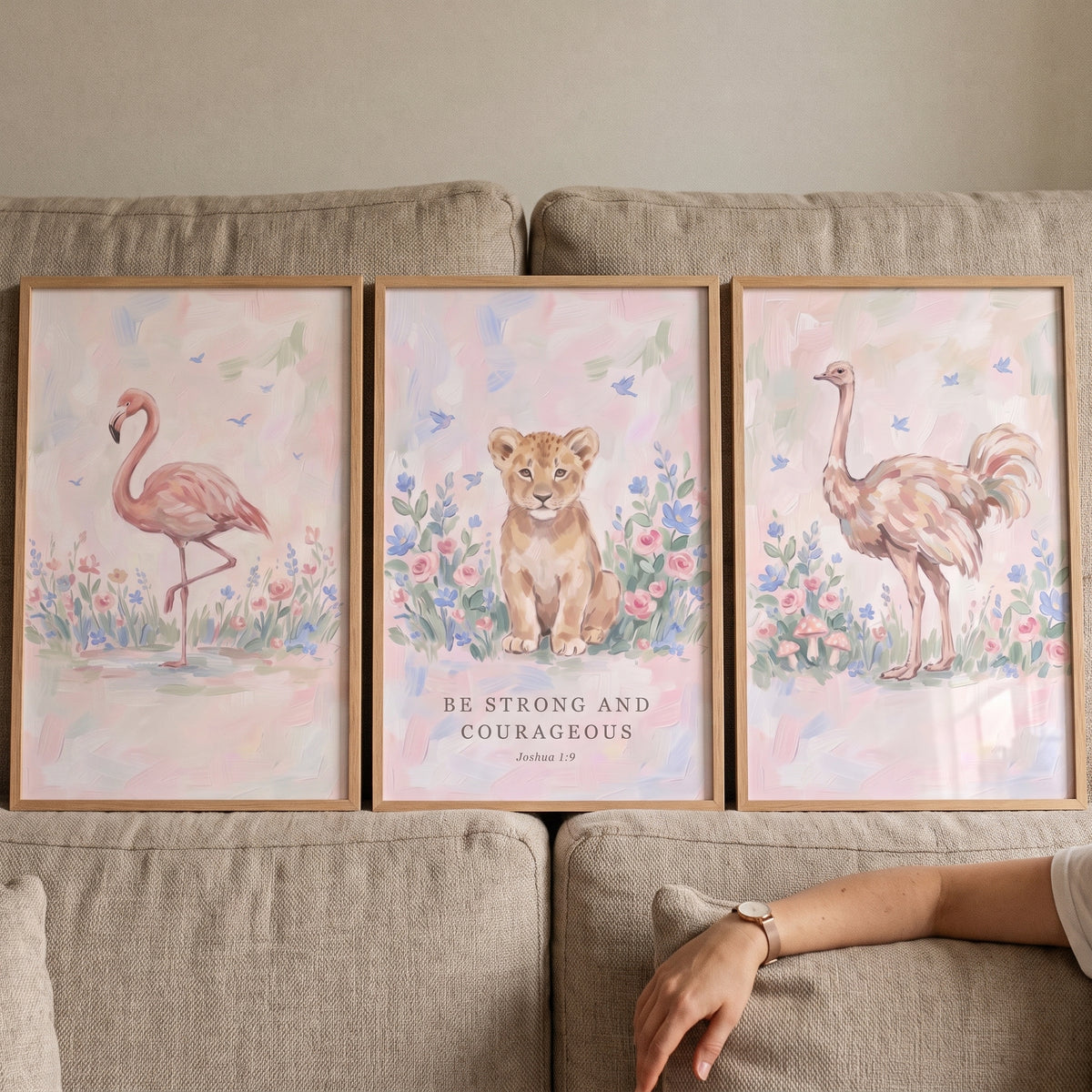 Botanical Blush Savanna Animals Wall Art Set Of 3 - Pastel Safari Grace