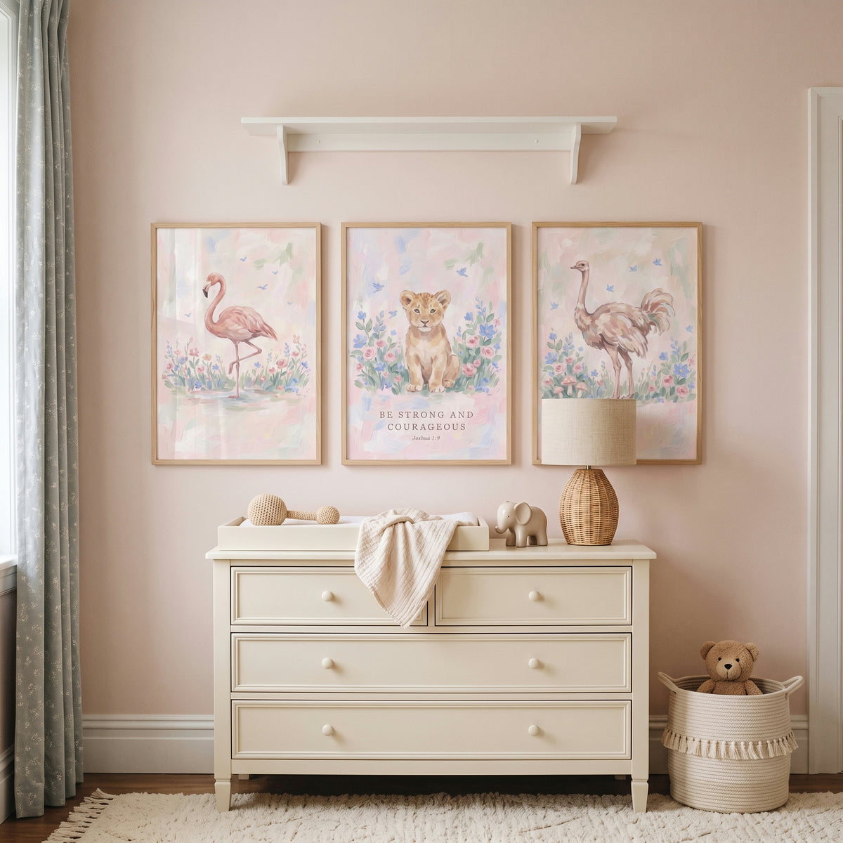 Botanical Blush Savanna Animals Wall Art Set Of 3 - Pastel Safari Grace