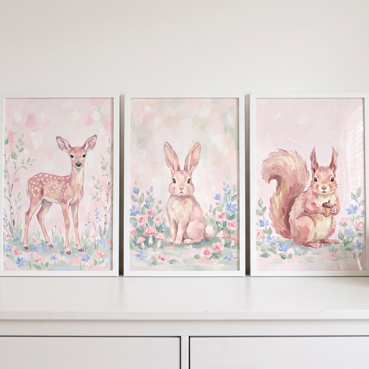 Botanical Blush Woodland Animals Wall Art Set of 3 - Pastel Woodland Friends