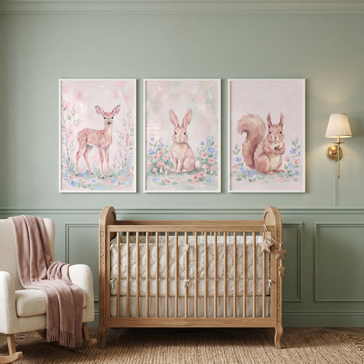 Botanical Blush Woodland Animals Wall Art Set of 3 - Pastel Woodland Friends
