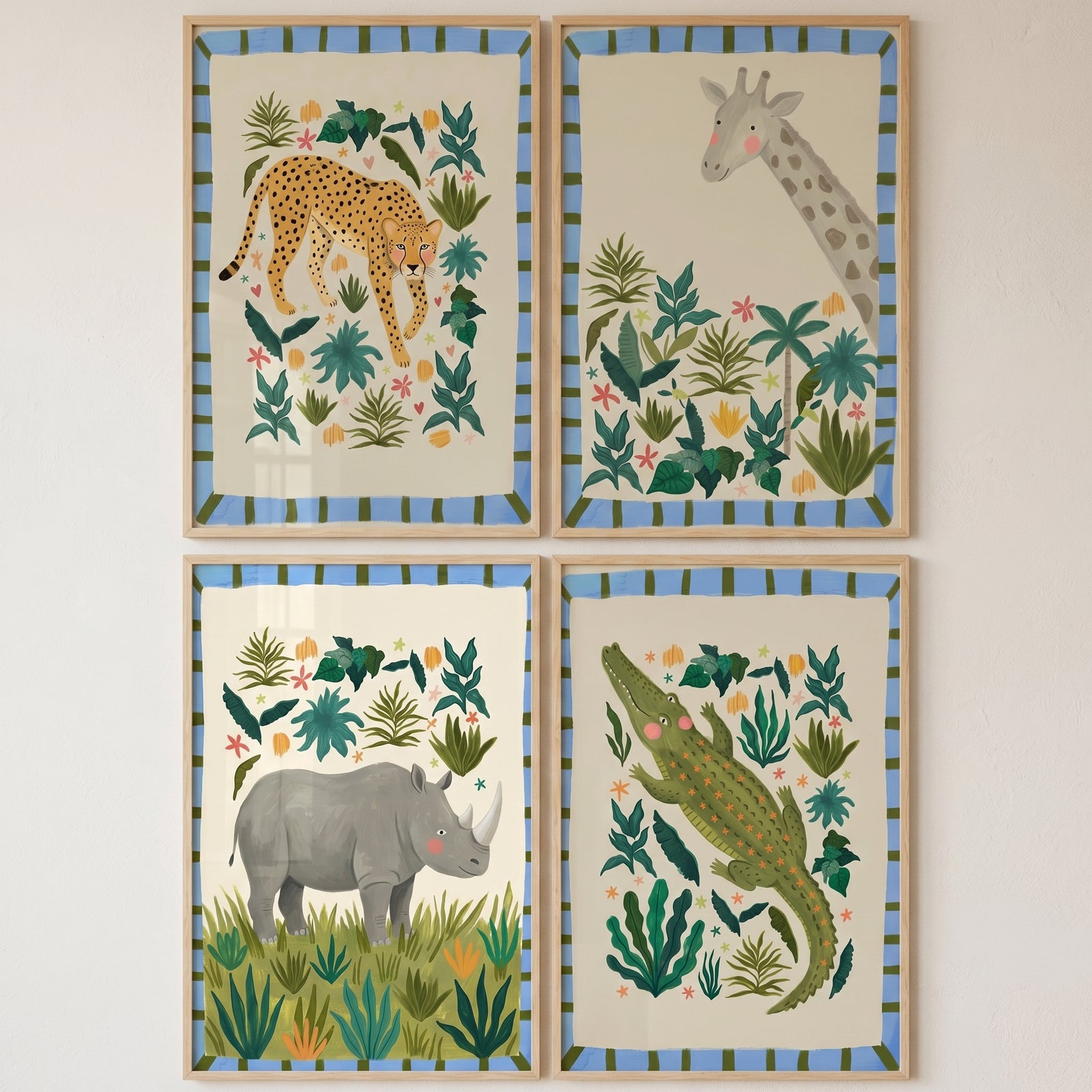 Botanical border safari animal wall art set of 4 featuring a leopard, giraffe, rhino, and crocodile.