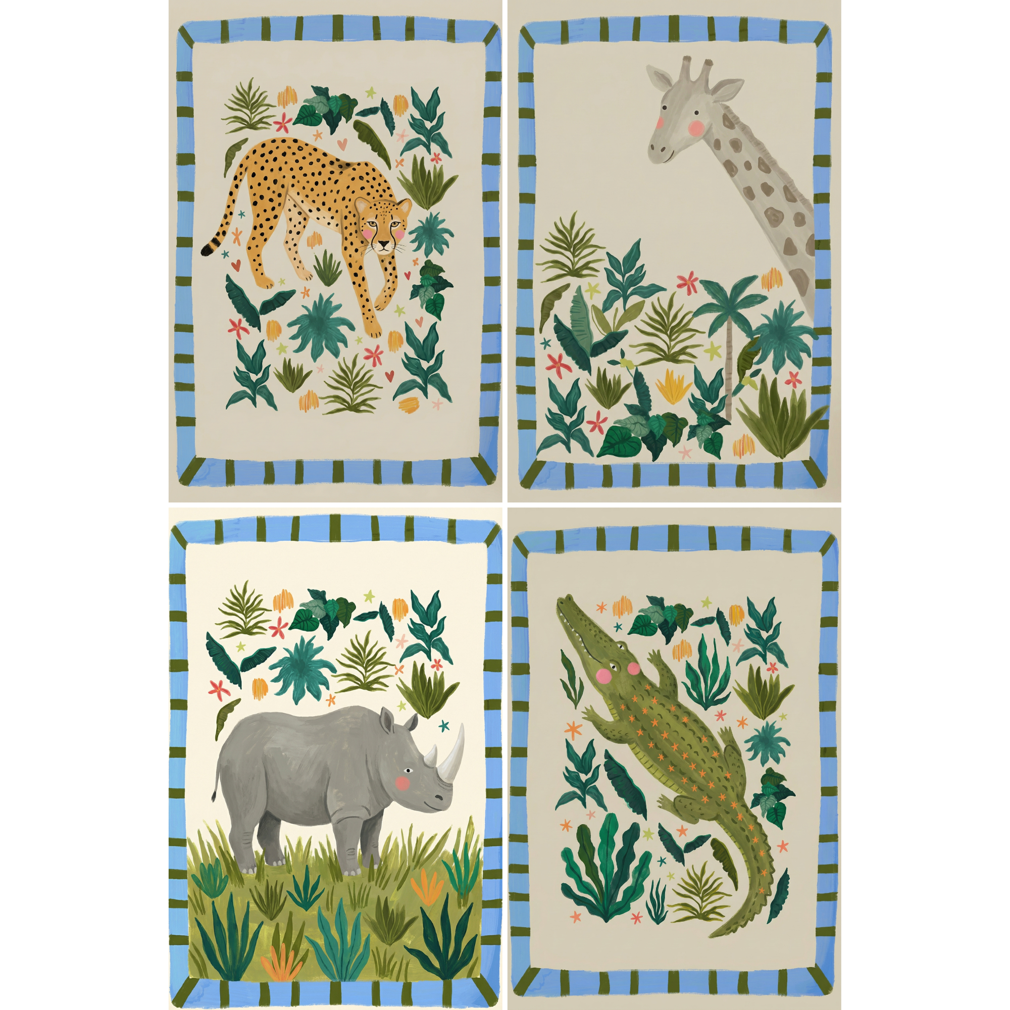 Botanical Border Safari Animal Wall Art Set of 4 - Wild Jungle Friends