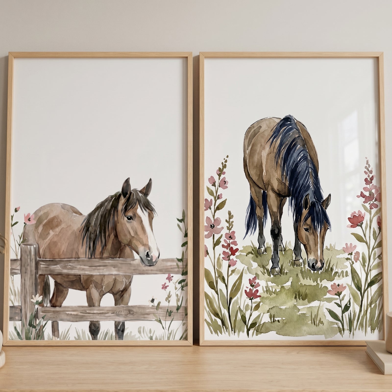 Botanical brown horse wall art set of 2 featuring watercolor horses by a wooden fence and grazing among pink wildflowers.