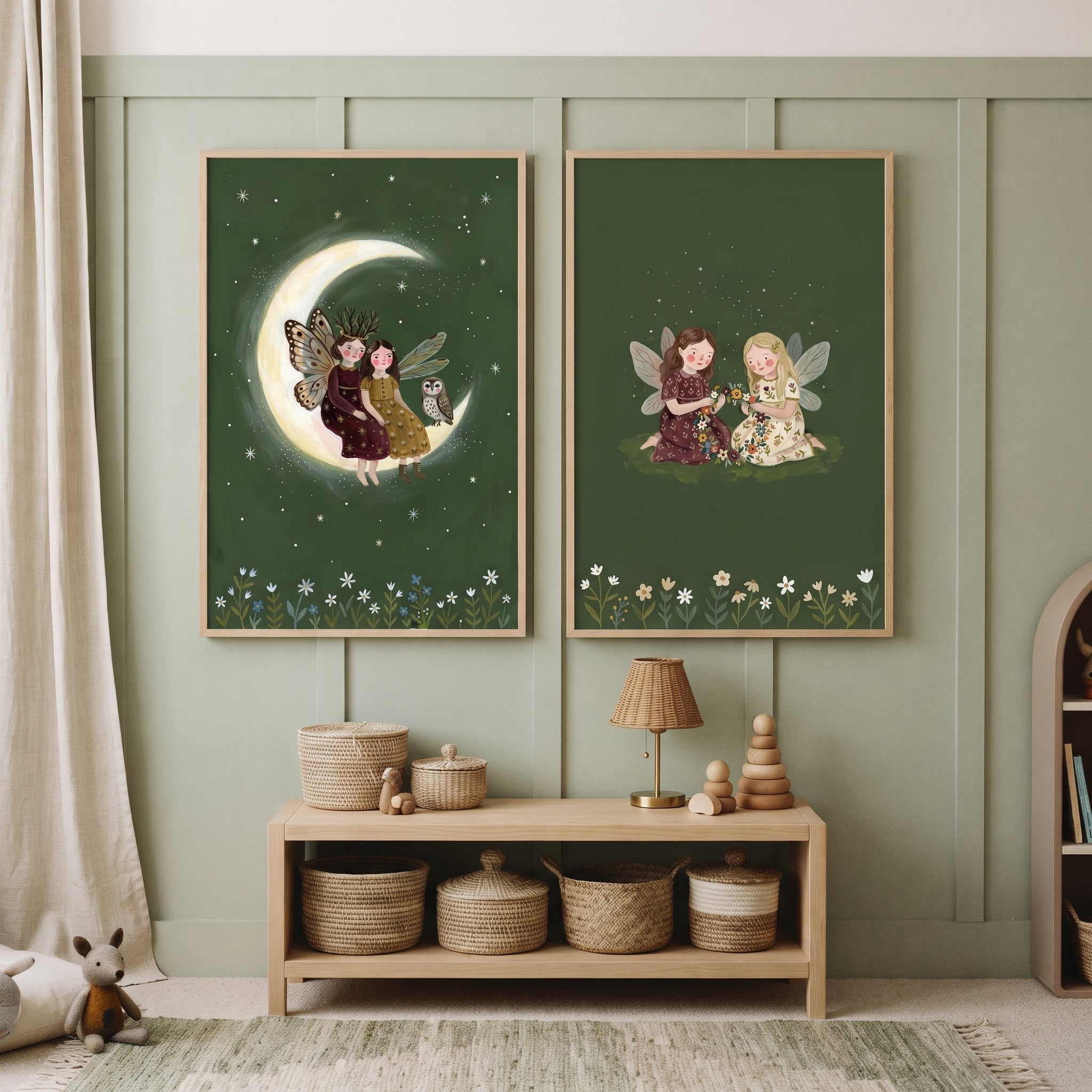 Botanical Dark Green Fairies Wall Art Set of 2 - Enchanted Moon Fairies