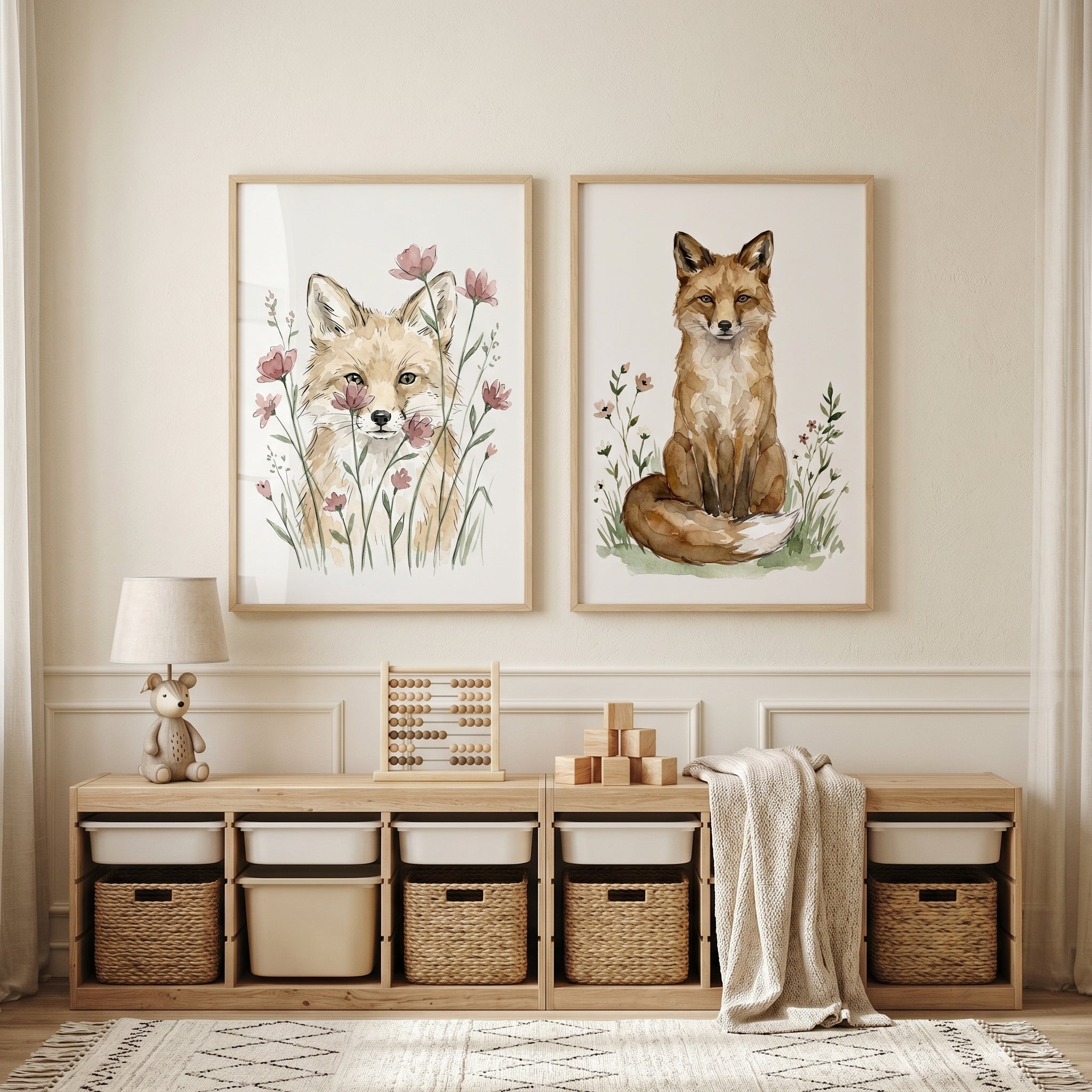 Botanical Fox Wall Art Set of 2 - Whimsical Fox Pair