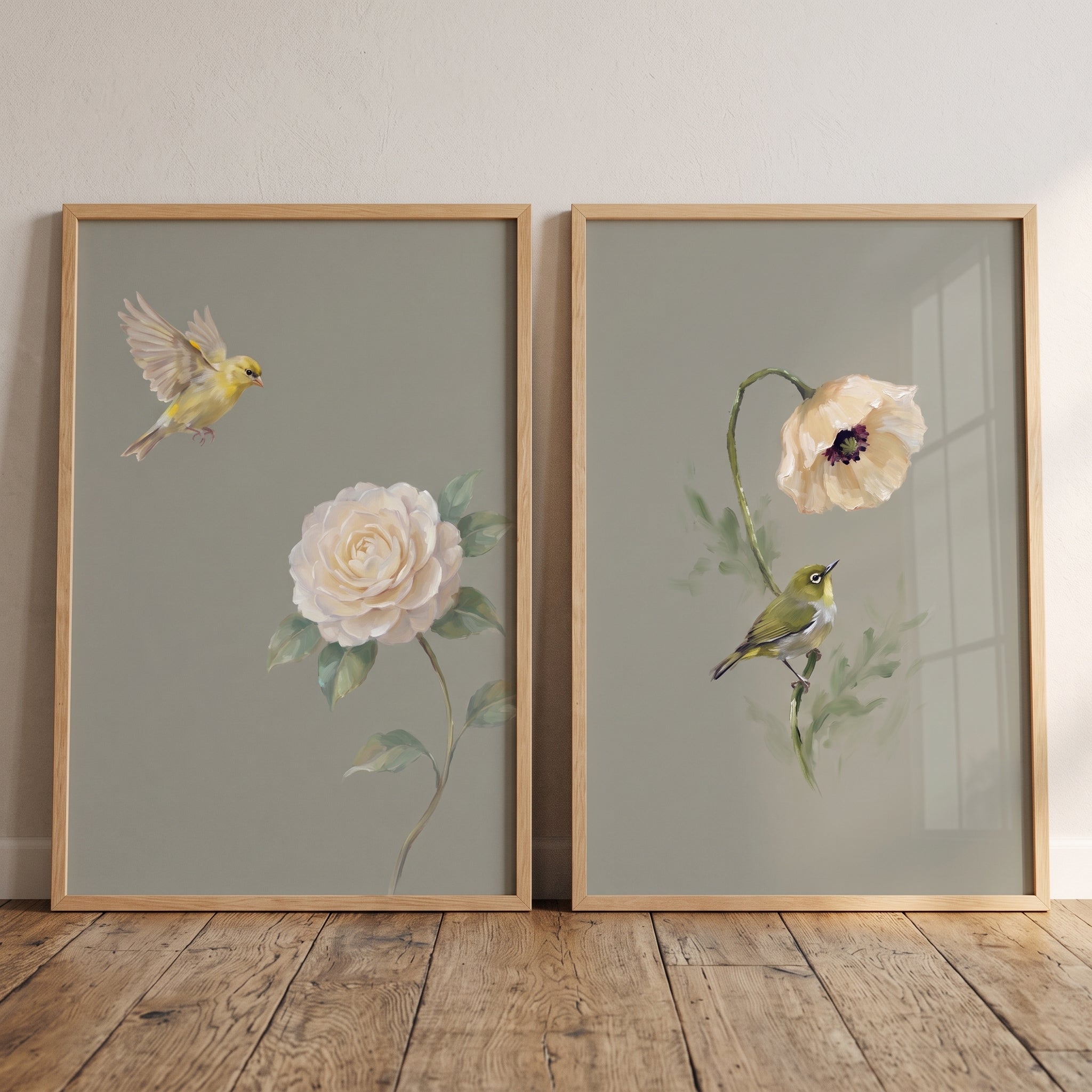 Botanical Garden Nature Bird Wall Art Set of 2 - Whimsical Bird Garden