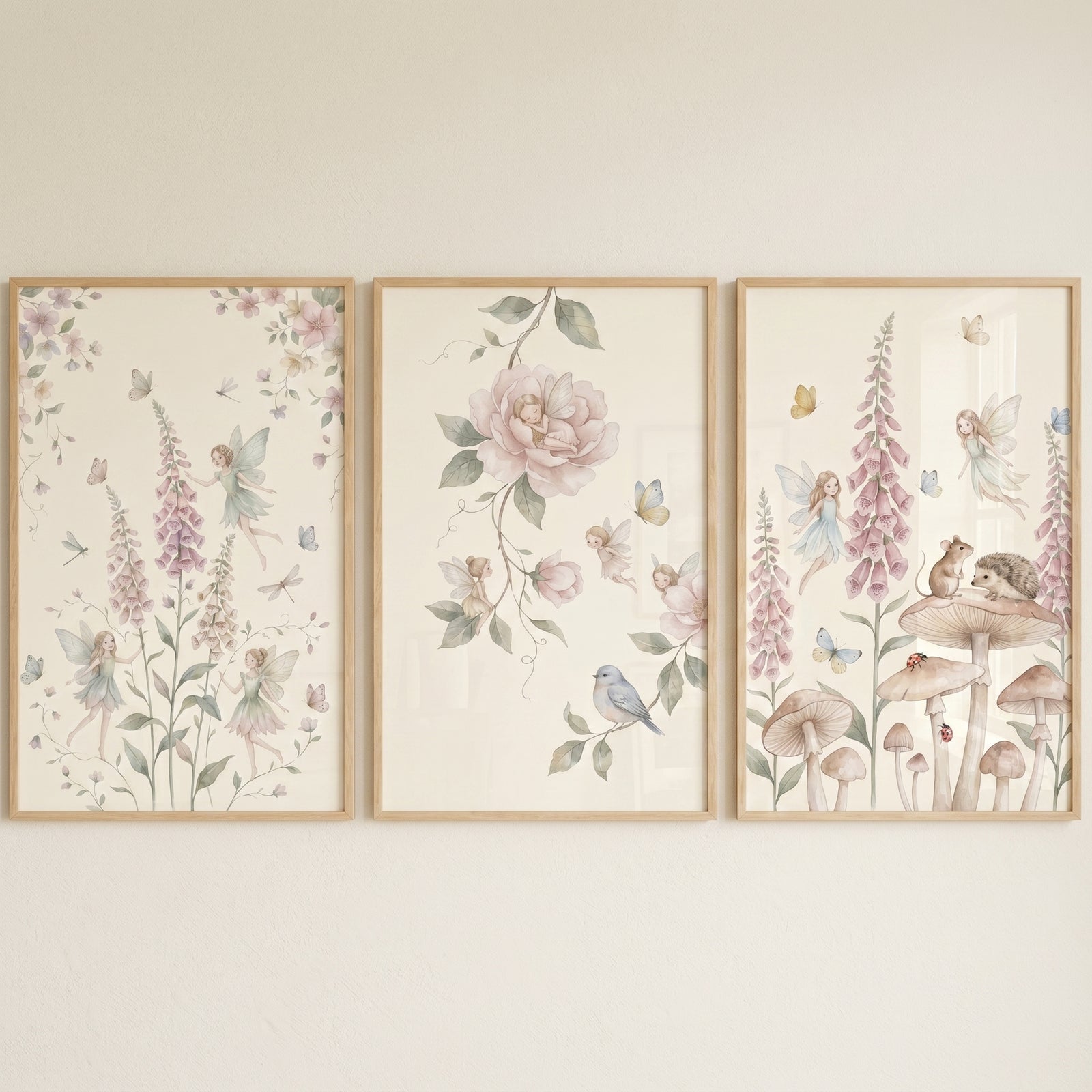 Botanical garden winged fairies wall art set of 3 features soft pastel flowers, mushrooms, and whimsical creatures.