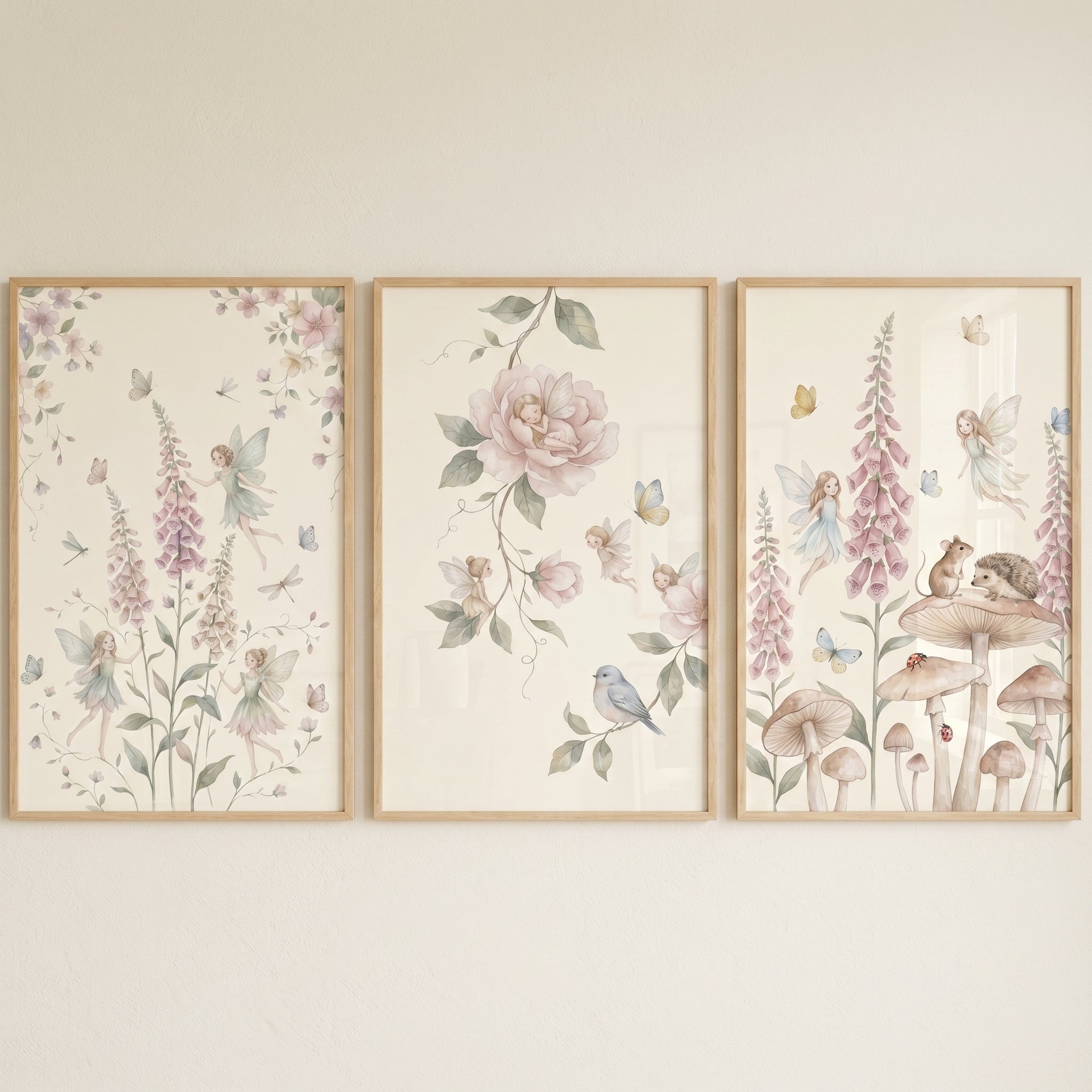 Botanical Garden Winged Fairies Wall Art Set of 3 - Soft Blossom Sprites