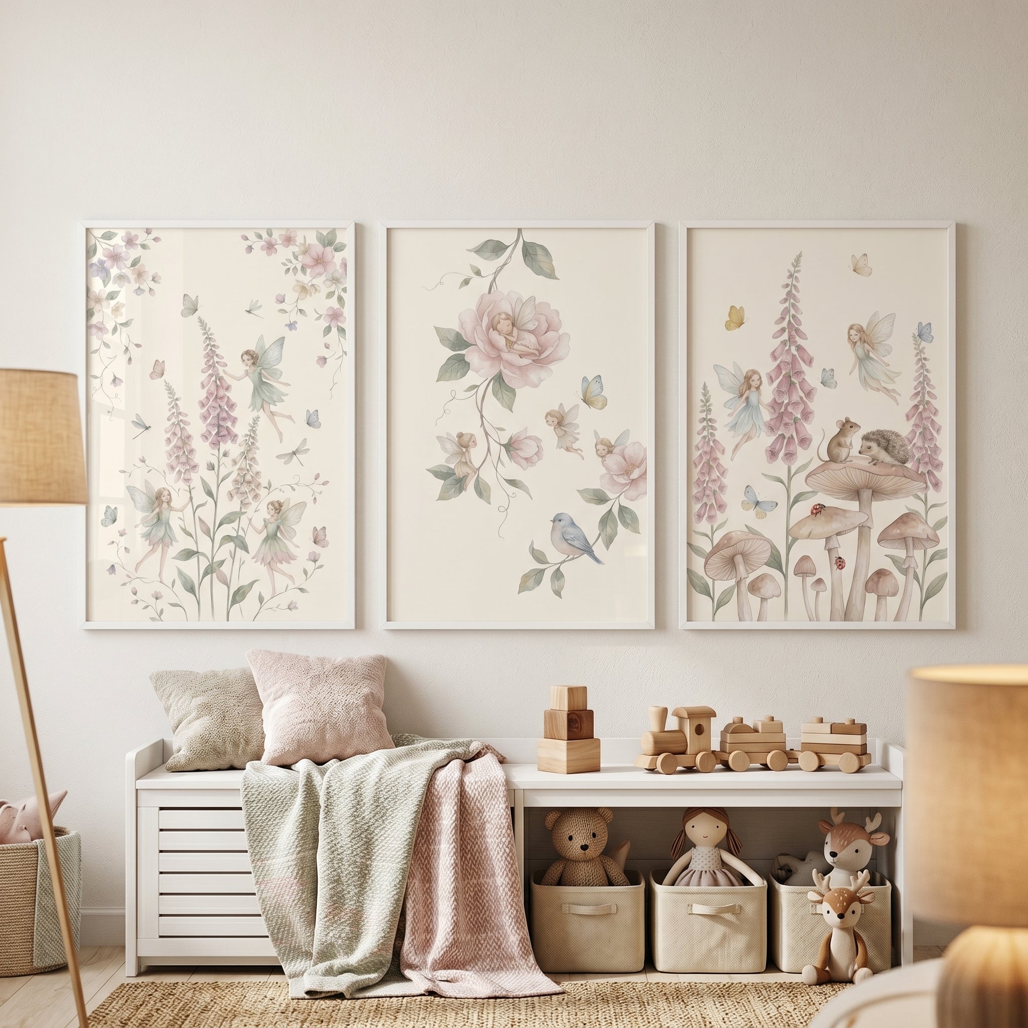 Botanical Garden Winged Fairies Wall Art Set of 3 - Soft Blossom Sprites