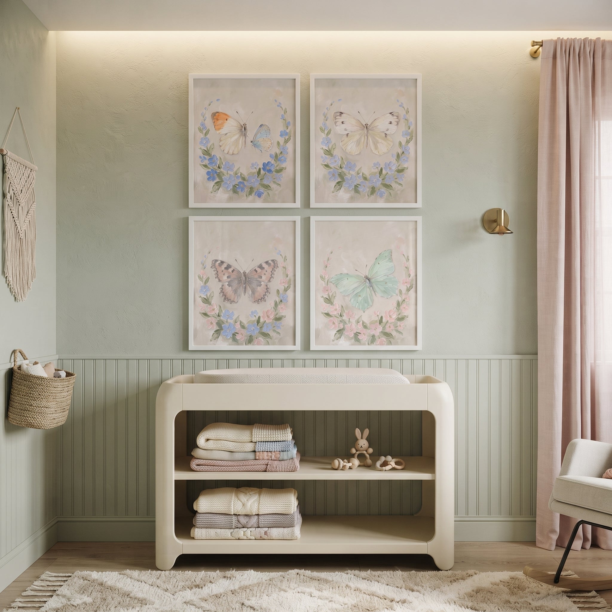 Botanical Garland Pastel Butterfly Wall Art Set of 4 - Serene Butterfly Wreaths