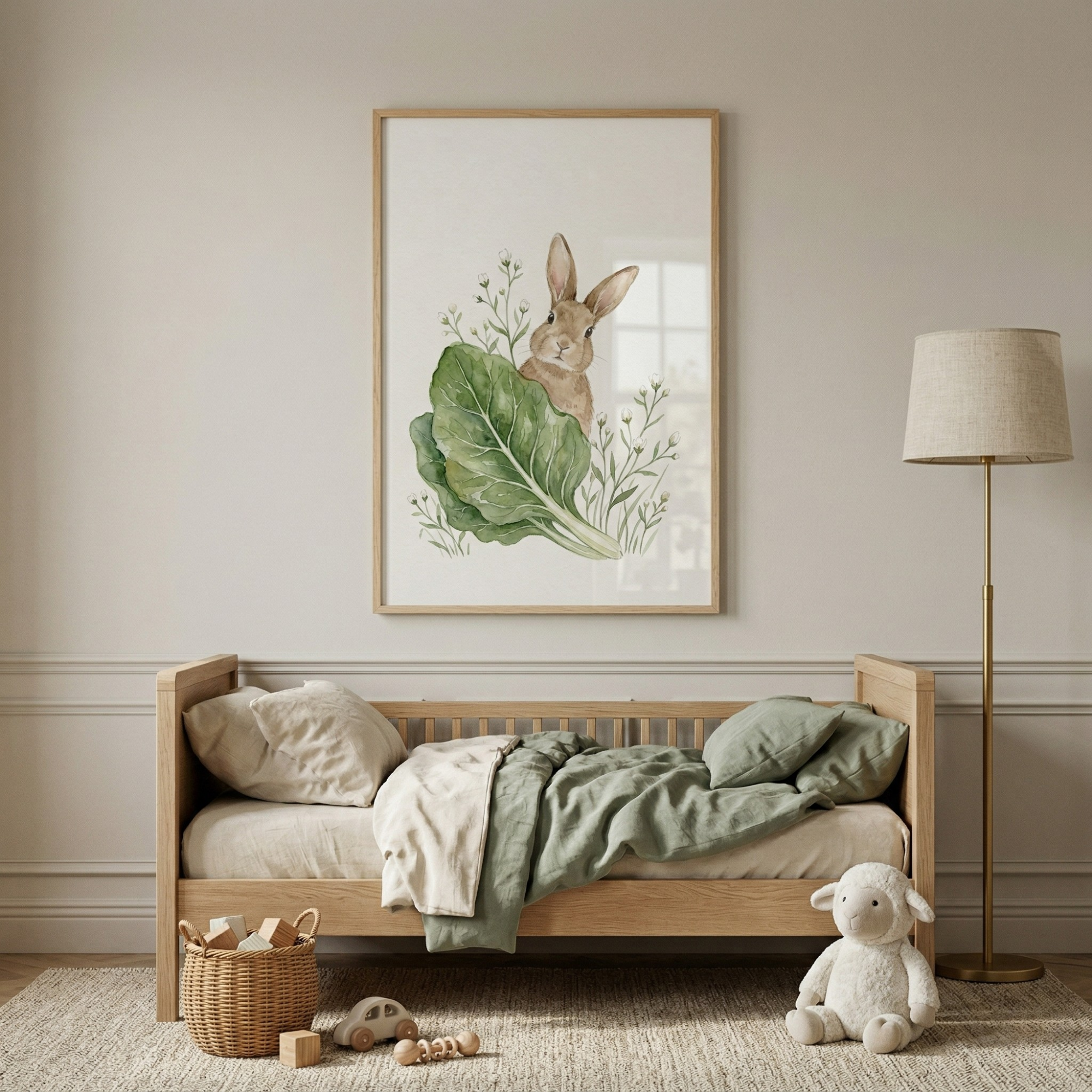 Botanical Green Leaf Rabbit Wall Art | Nature Decor Print