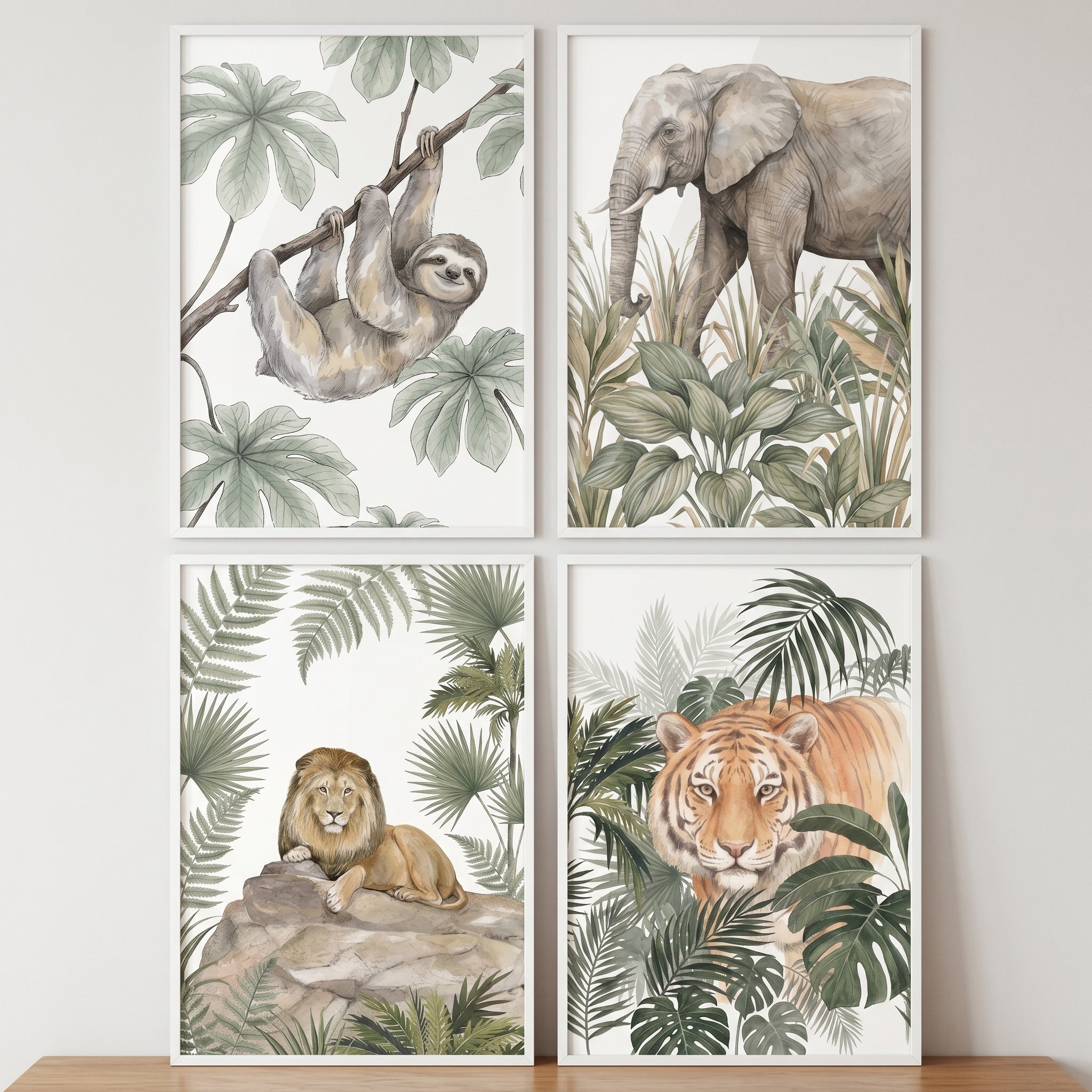 Botanical Jungle Animals Wall Art Set of 4 - Wild Safari Friends