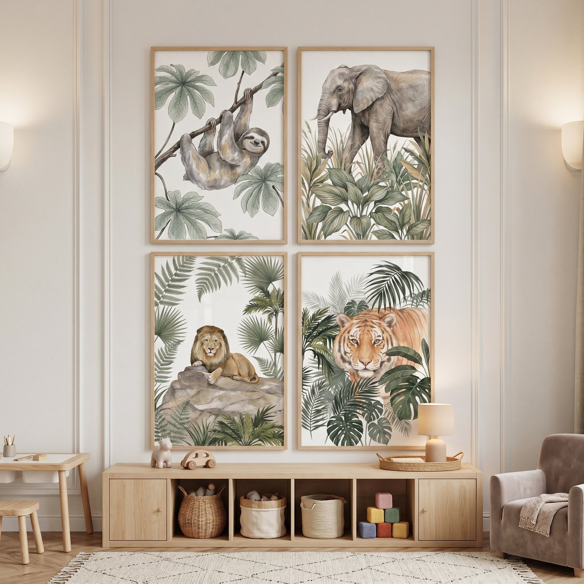 Botanical Jungle Animals Wall Art Set of 4 - Wild Safari Friends
