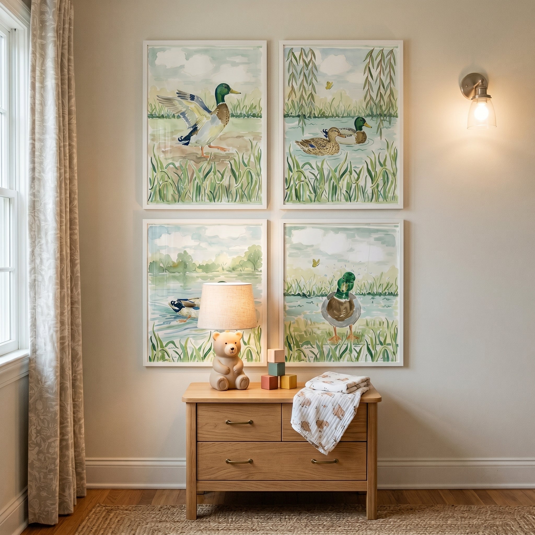 Botanical Mallard Duck Wall Art Set of 4 - Serene Duck Scenes