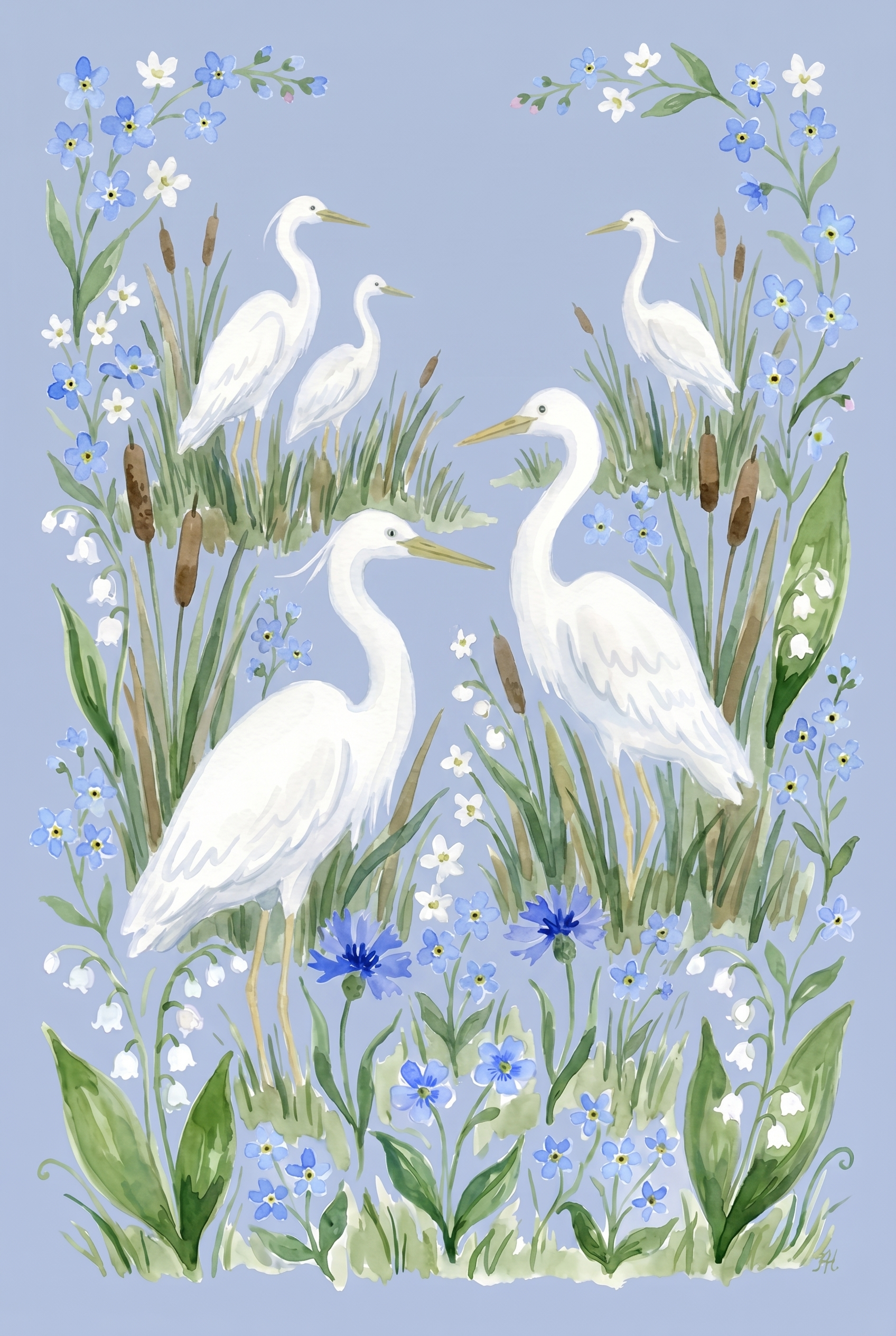 Botanical Marsh White Heron Bird Wall Art - Herons In Bloom