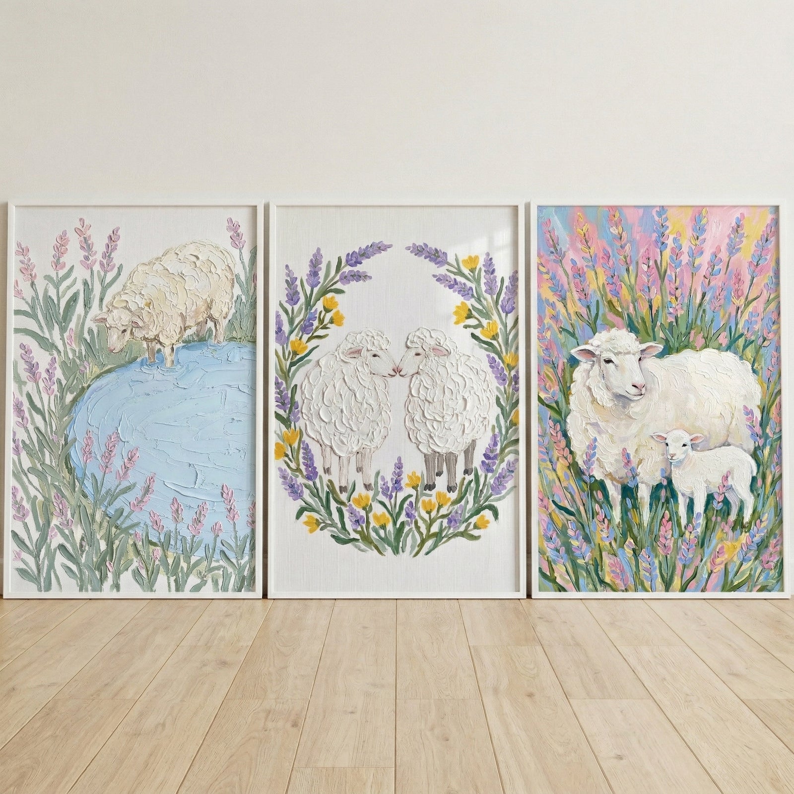 Three framed textured artworks are displayed side-by-side on a light wooden floor against a plain white wall. Each piece features woolly sheep and floral elements rendered in a thick, layered impasto style. On the left, a single sheep stands by a pale blue pond surrounded by tall purple flowers. In the center, two sheep face each each other within a circular wreath of lavender and yellow blossoms. The artwork on the right shows an adult sheep and a lamb nestled within a dense field of tall lavender.