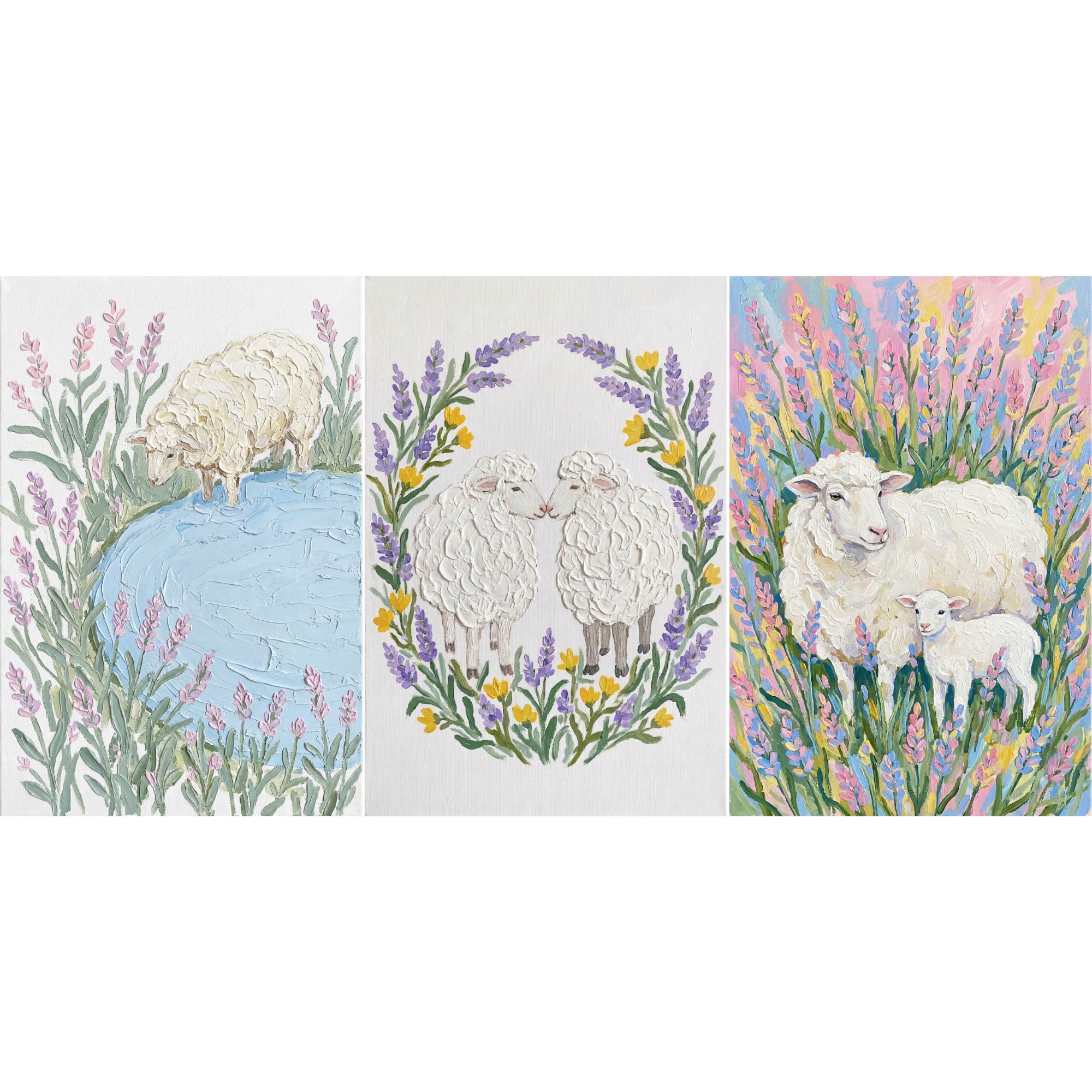 Botanical Meadow Lavender Sheep Wall Art Set of 3 - Wooly Floral Trio