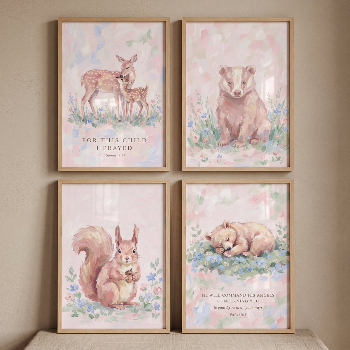 Botanical meadow woodland animals wall art set of 4 featuring soft pastel deer, badger, bear, and squirrel illustrations.