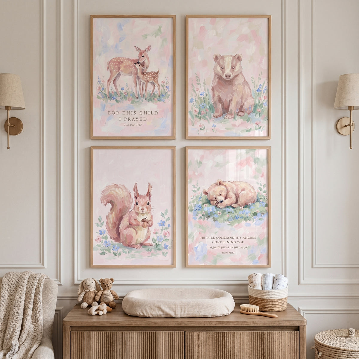 Botanical Meadow Woodland Animals Wall Art Set of 4 - Pastel Forest Blessings